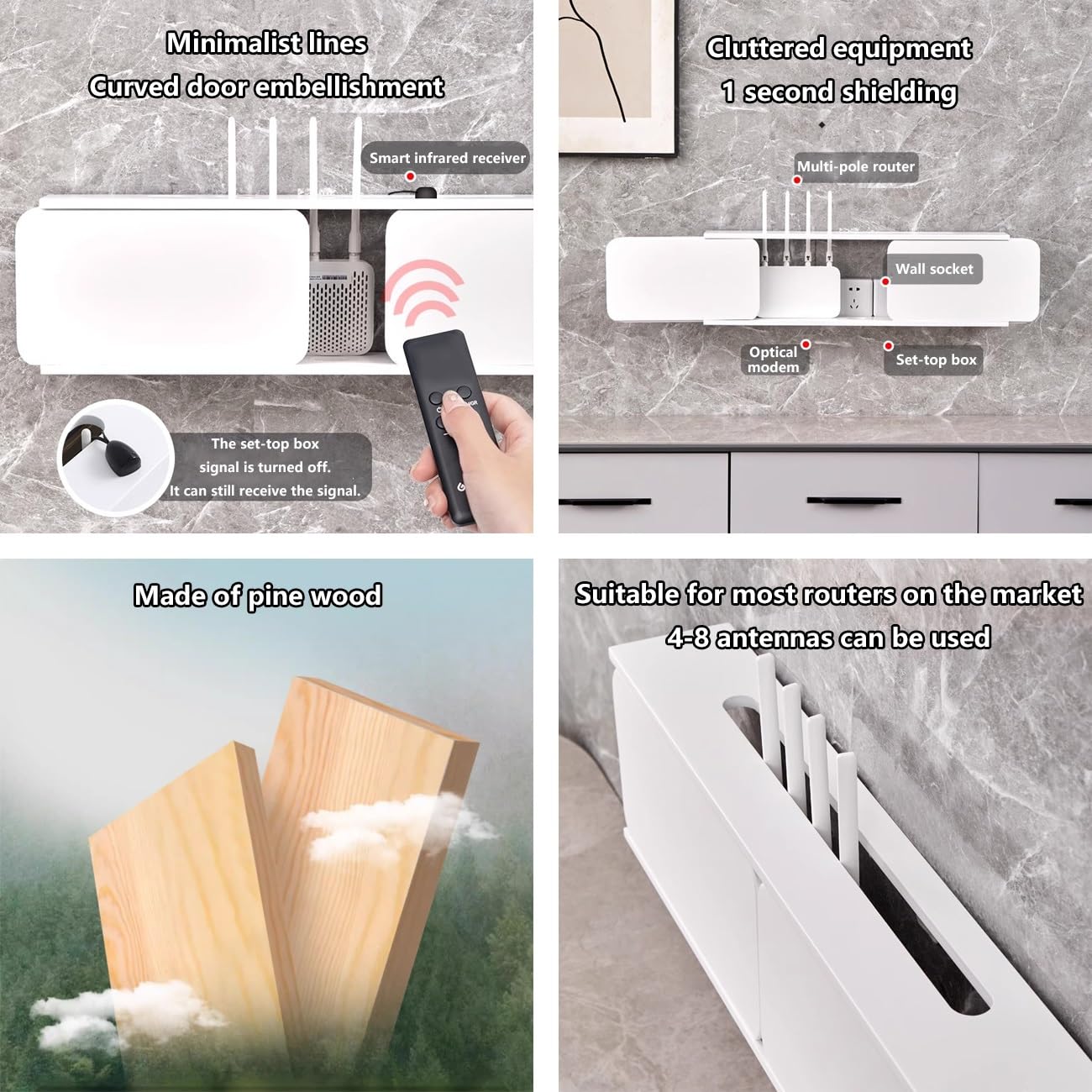 Support TV flottant à fixation murale, routeur WiFi avec dos creux pour la clarté du signal, deux portes, idéal pour la maison, la chambre à coucher, le salon