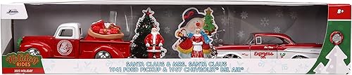 Miniatura 2 de Jada Toys Holiday Rides 1:32 1941 Ford Pickup y 1957 Chevy Bel-Air Die-cast Car con figura de Papá Noel y Sra. Santa Claus de 1.65 pulgadas,