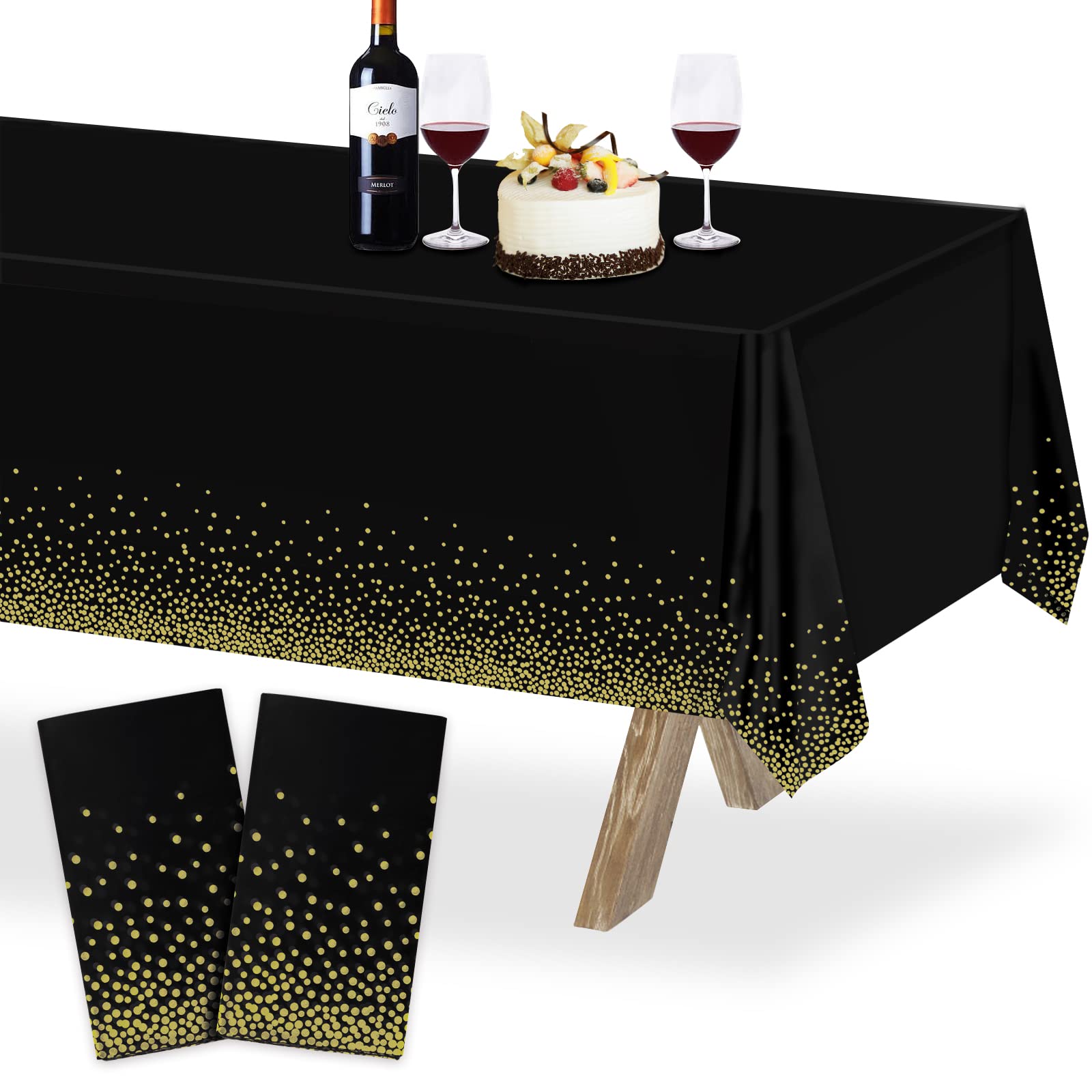 2pcs Plastic Gold Dot Table Cloth, 54" x 108" Disposable Waterproof Table Cover, Rectangular Party Tablecloth for Birthday Party Anniversary Wedding (Black-Golden)