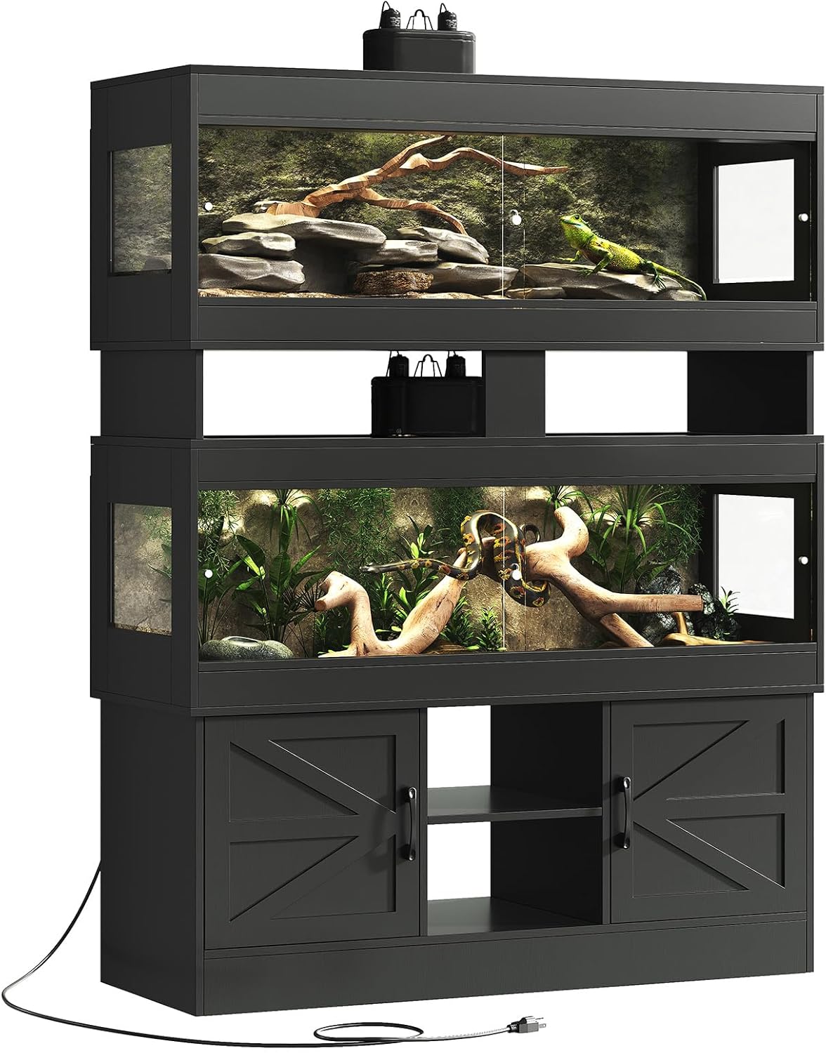 Dual 60 Gallon Reptile Tank with Stand,Reptile Enclosure,Bearded Dragon Tank,Reptile Terrarium with Cabinet,Sliding Doors,Power Outlet for Snakes,Lizards,Crested Geckos Black CAGE003B