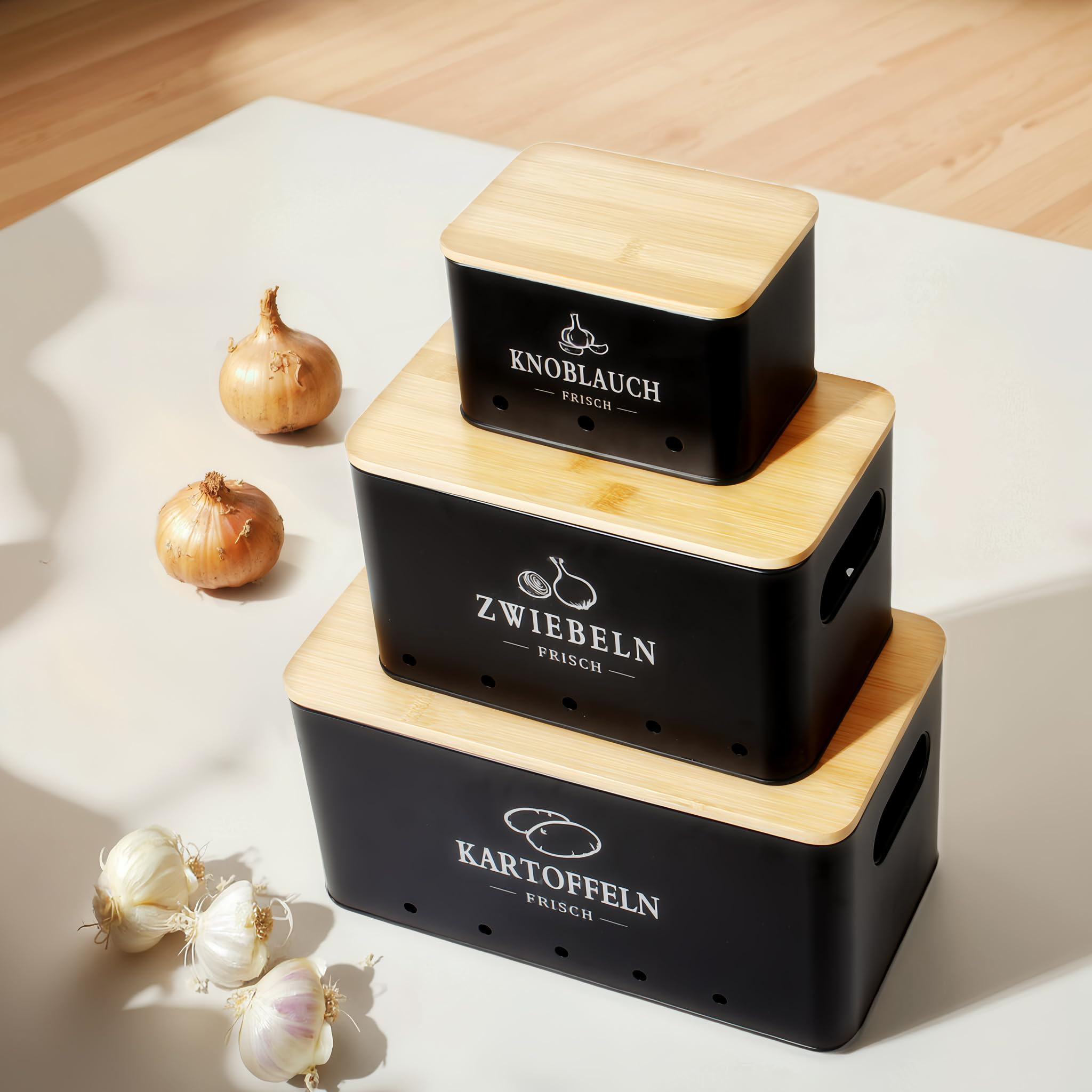 GREELUE Kartoffel Aufbewahrungsbox 3er Set, 360° Luftzirkulation für längere Frische, Für Zwiebeln, Kartoffeln, Knoblauch Schwarz