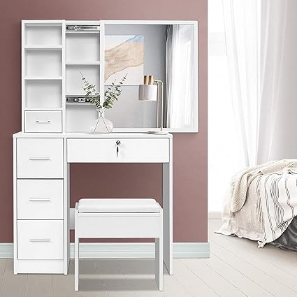 Furnilife Dressing Table with Mirror,5 Drawers and Stool for Bedroom -White Color(WxHxD): 80x132x38.5cm, Suitable for Bedroom, Laundry Room, Closet, etc.