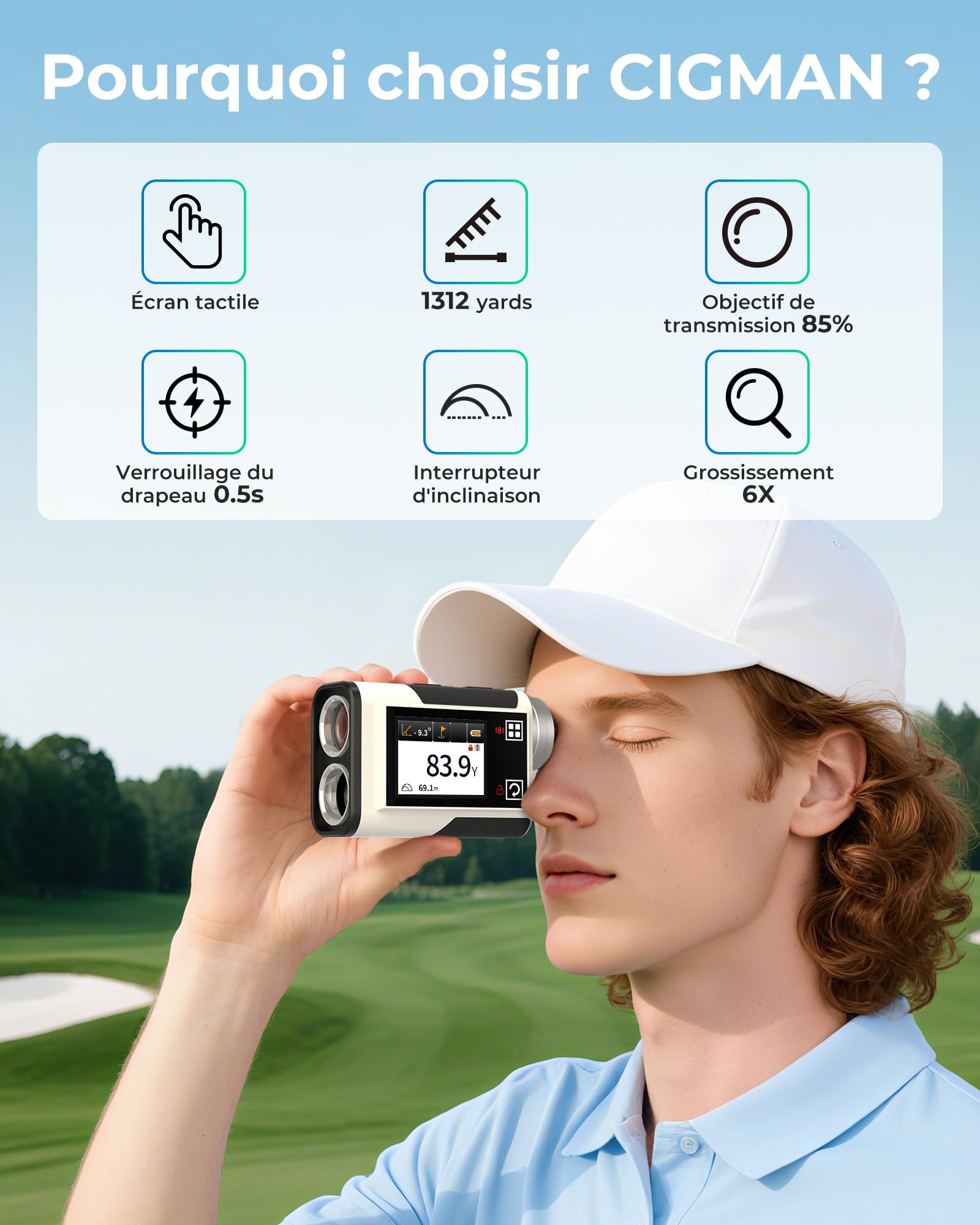 Télémètre de Golf CIGMAN 1312 Yards, précision ± 1 m, écran Tactile latéral avec Compensation de Pente, oculaire 25 mm, télémètre Laser Rechargeable de Type C pour Terrain de Golf