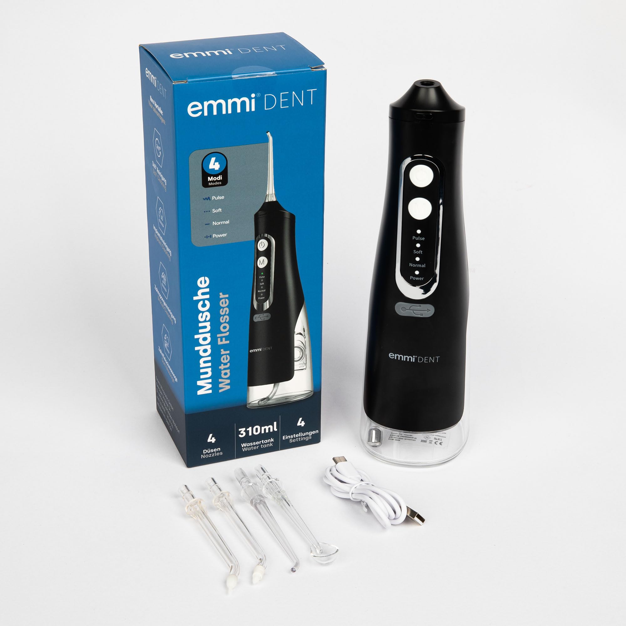 emmi-dent Irrigador bucal inalámbrico, 310 ml, limpiador interdental con limpieza a 360° para un cuidado dental profundo, 4 modos de limpieza, 4 boquillas