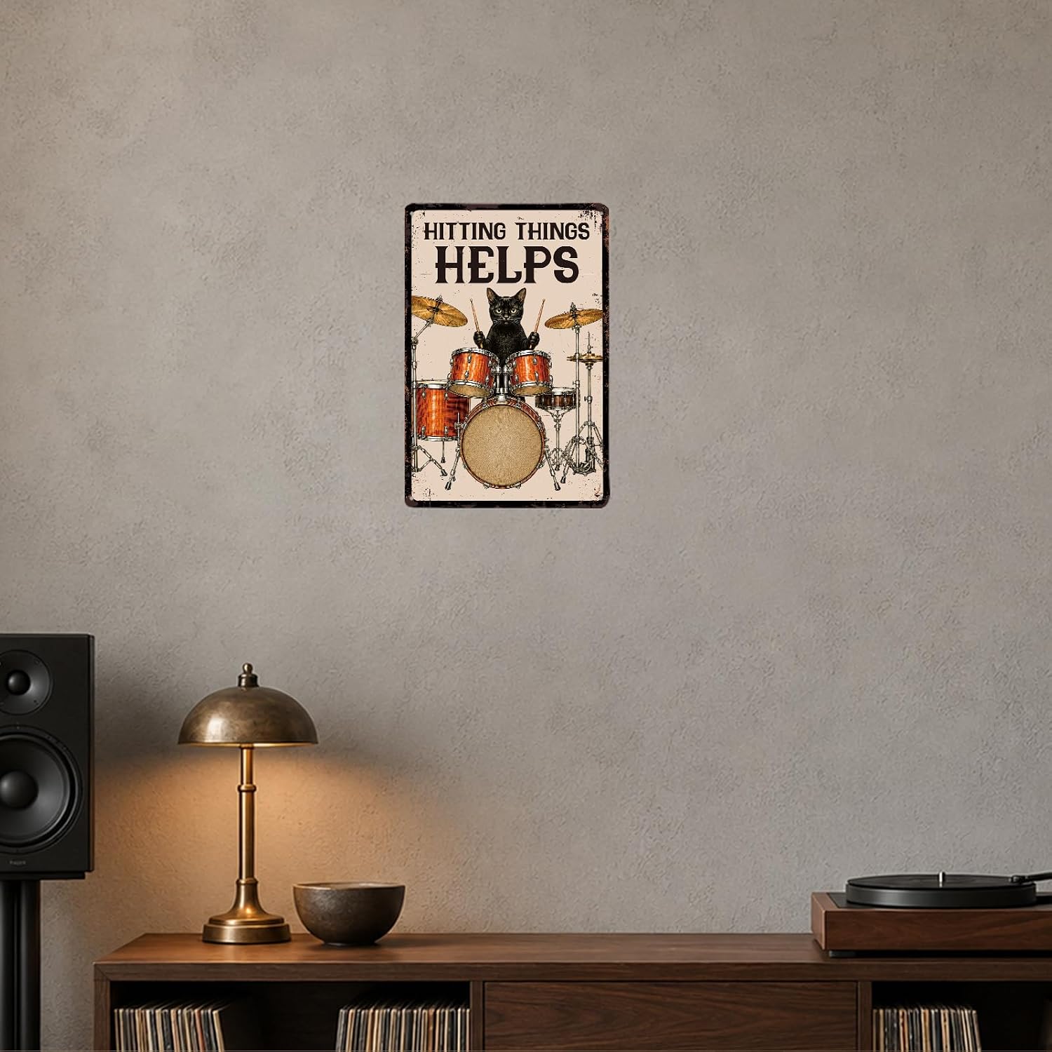 Funny Black Cat Drummer Metal Tin Sign Cat Playing Drums Wall Decor image 3