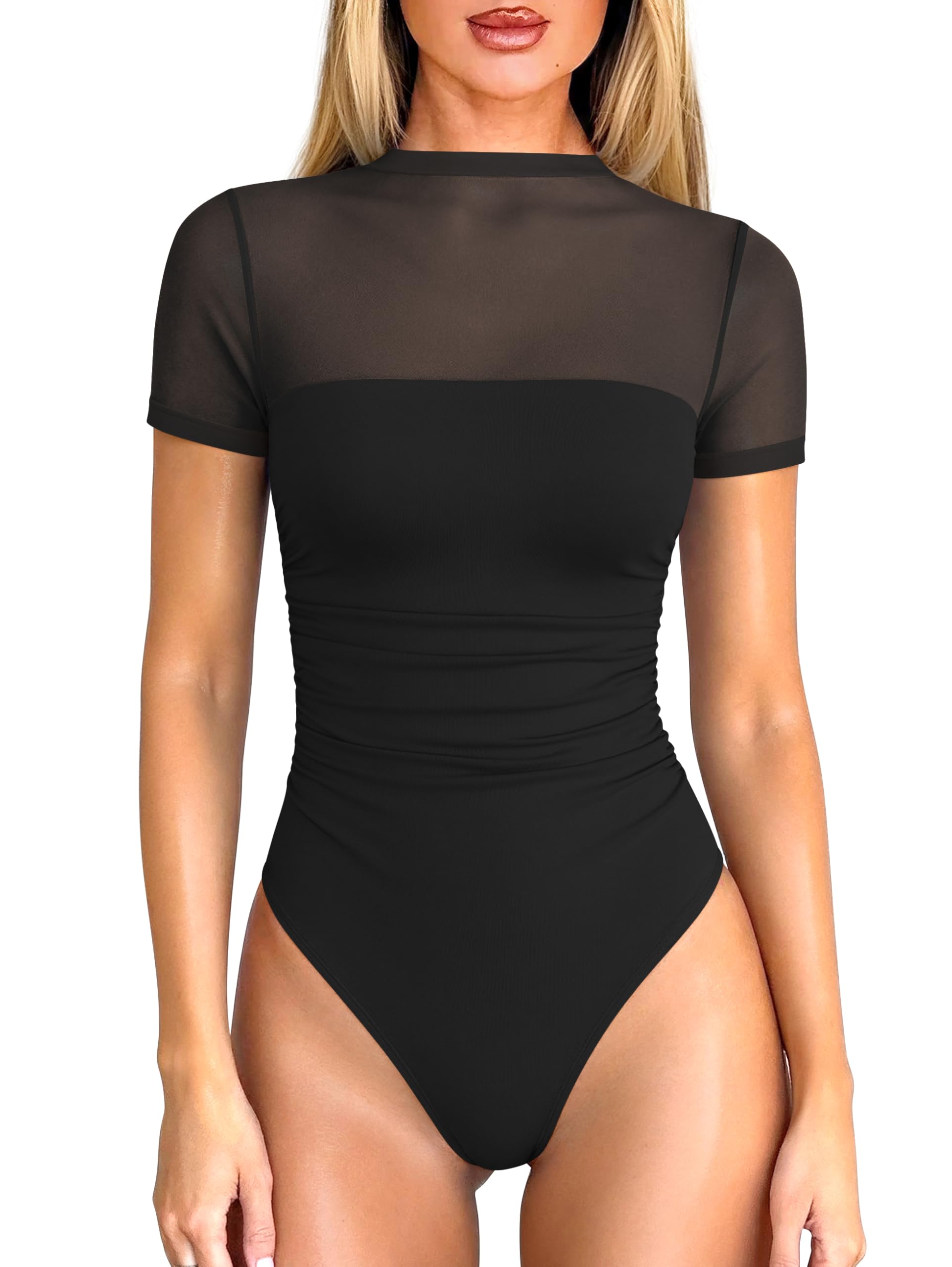 Photo 1 of OQQ Women Short Sleeve Bodysuit Tummy Control Shapewear Mesh One Piece Leotard Shirts Going Out Tops Black