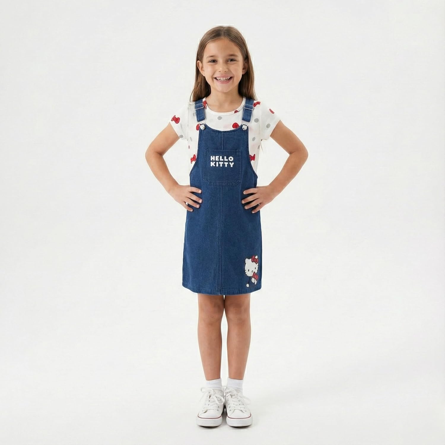 Hello Kitty Sanrio Girls Adjustable Jumper Denim Dress with Shirt Set for Toddler and Big Kids