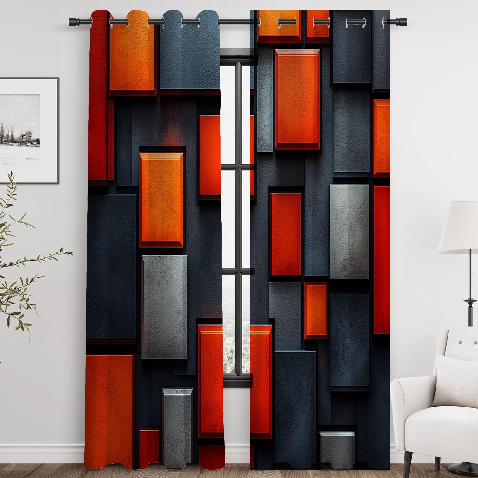 Blickdichte Gardinen - Modernes geometrisches Orangenblock Abstrakt Thermovorhang, Verdunkelungsvorhang für Wohnzimmer und Schlafzimmer-H180 x B140 cm (2er Pack)