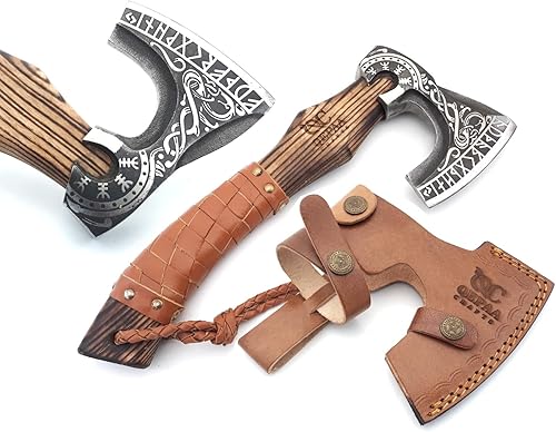 Hachas vikingas de 13 pulgadas con mango de madera de fresno y hachas con envoltura de cuero, hacha de división de madera, hacha de campamento,