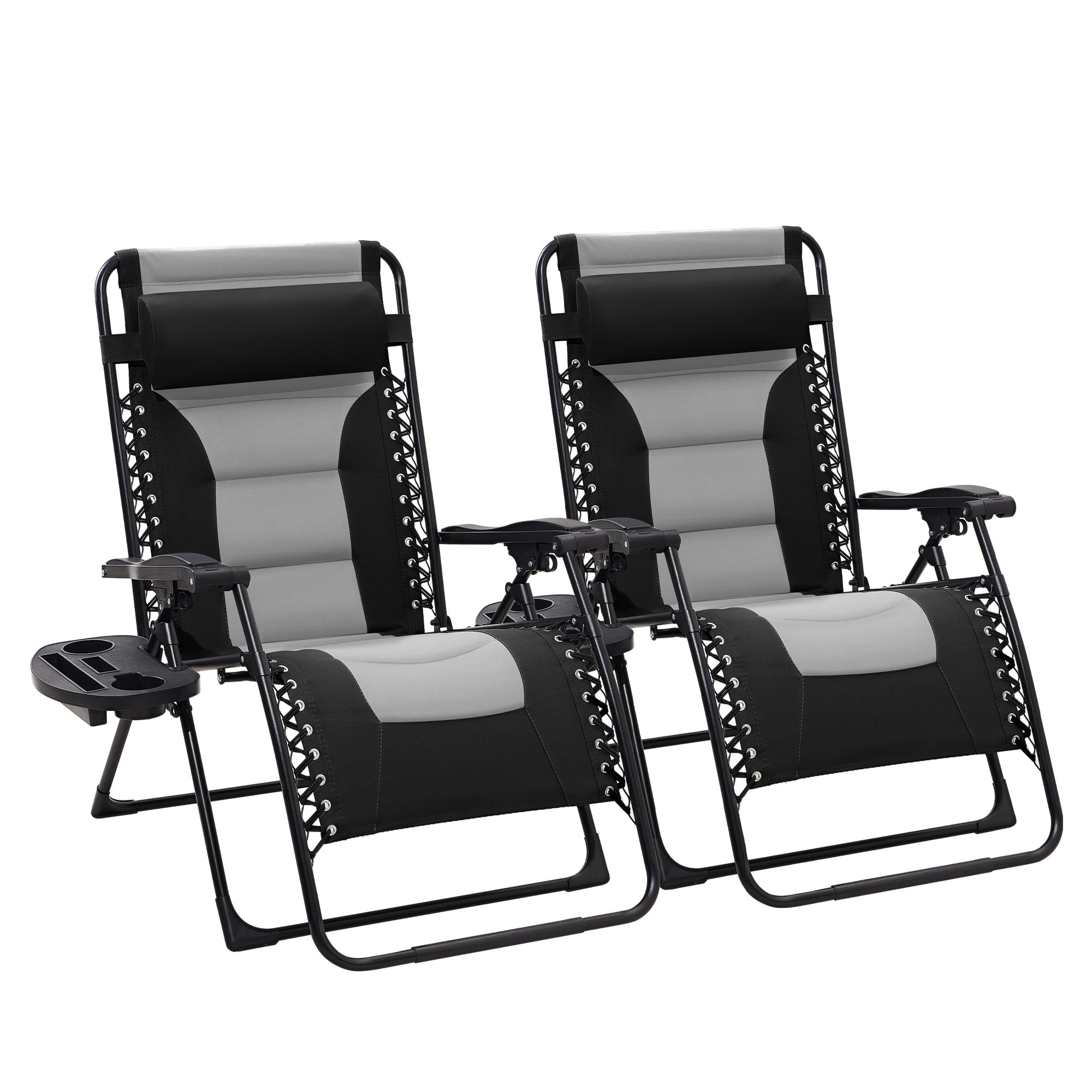 JEAREY Juego de 2 sillas acolchadas de gran tamaño de gravedad cero, sillas plegables reclinables para patio al aire libre, silla antigravedad para patio trasero con reposacabezas, portavasos, bandeja