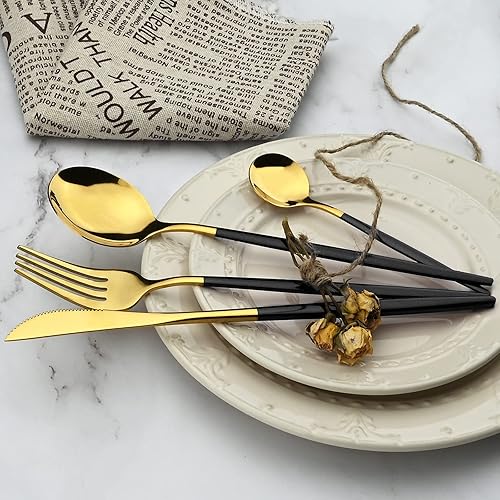 Miniatura 6 de Vajilla de 36 piezas de cubiertos de acero inoxidable 180 pulidos con espejo pulido con mango negro, juego de cubiertos de acero inoxidable 180 para