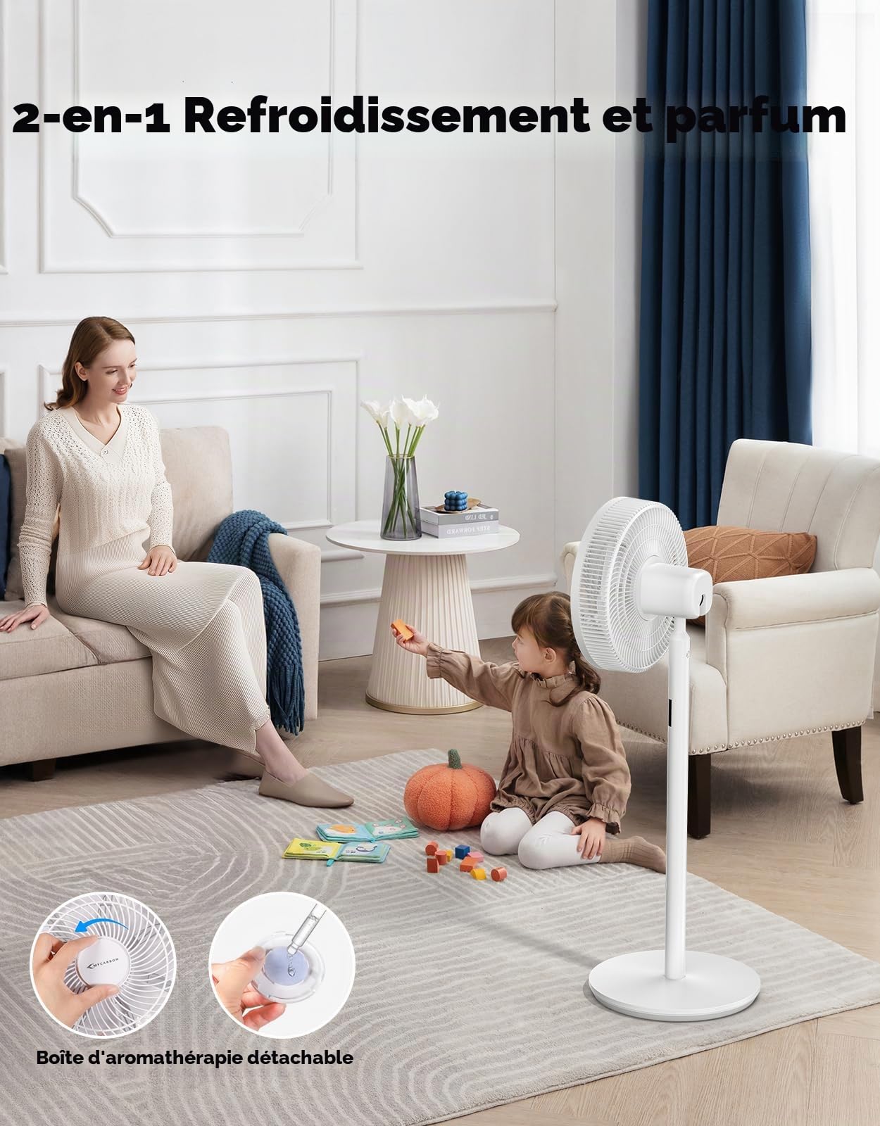 MYCARBON Ventilateur Sur Pied Silencieux avec Télécommande 20dB Moteur DC 2200m³/h 12 Vitesses 12h Timer Oscillation LED Écran Hauteur Réglable 102cm/74cm/48cm Ventilateur de Table pour Chambre