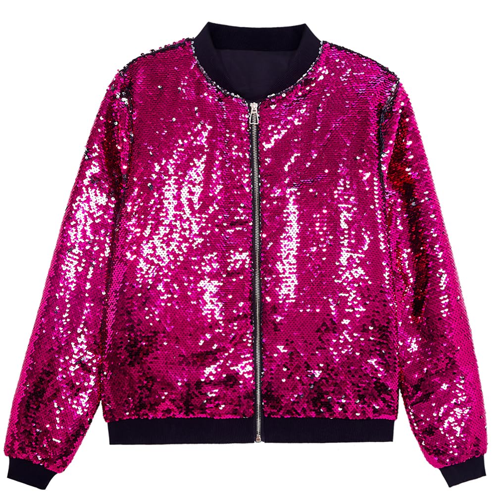 A ARFAR Women Sequin Jackets Flip Glitter Varsity Bomber Sparkly Coat Party Outwear Ladies Shiny Cloth