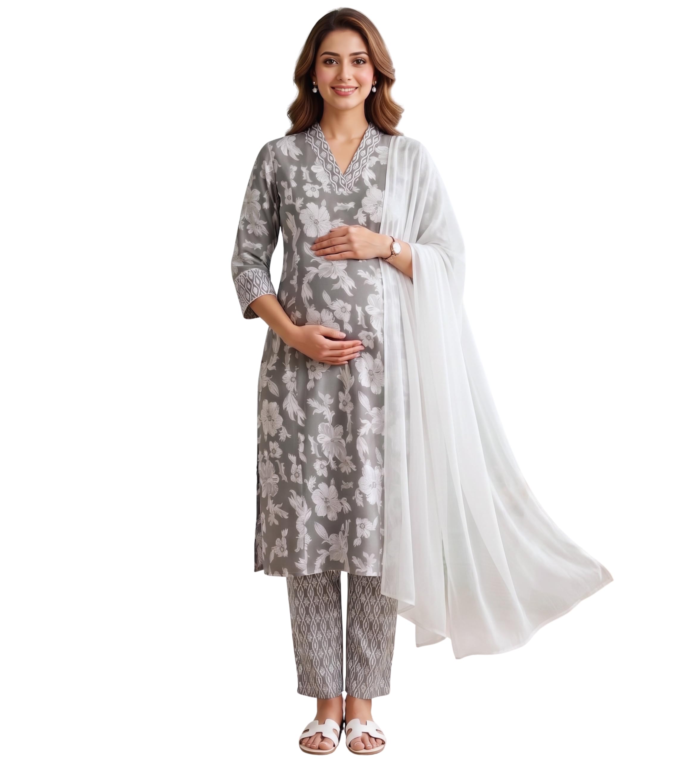 DUMMY SHAPE Maternity Kurta Set for Women Feeding | Cotton Rayon Floral Printed Kurti Pant Dupatta Suit with Dual Nursing Zippers to Pre & Post Pregnancy | Gift for Pregnant Woman-picture-17
