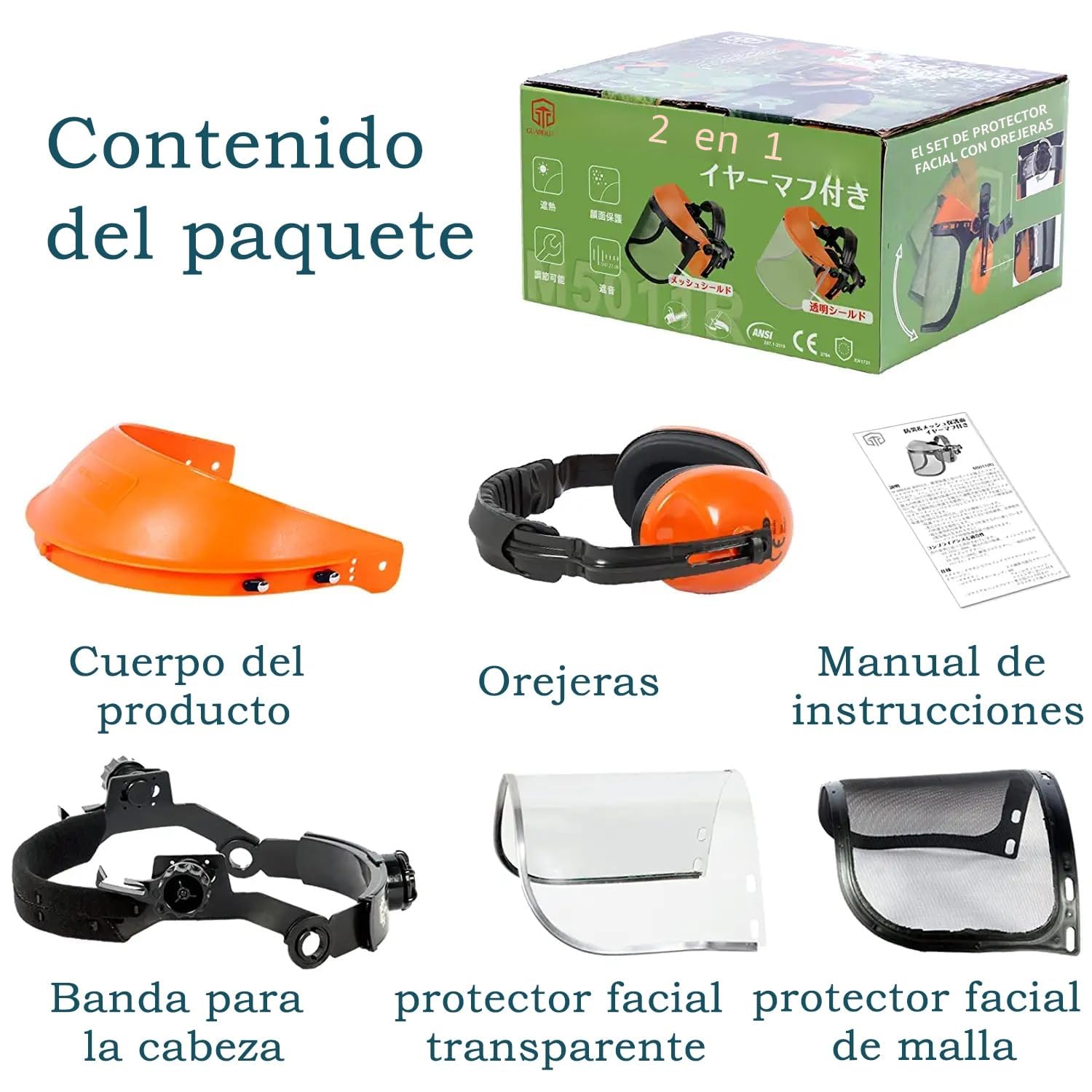 Careta Desbrozadora con Doble visera (Transparente EN16321-1 + Malla EN16321-3) y Orejeras EN352-1 Certificado CE Para Jardinería, Carpintería y Desbrozadoras