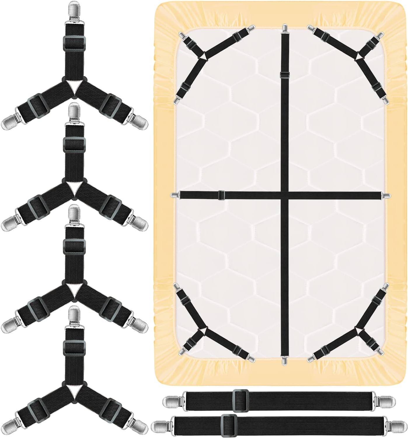 Fitted Bed Sheet Clips Bed Sheet Straps Keep Sheets in Place, Sturdy Thickened Bands Bed Sheet Suspenders, Upgrade 3-Bands Bed Sheet Holder Straps, Bed Sheet Fasteners Clips for Bedding