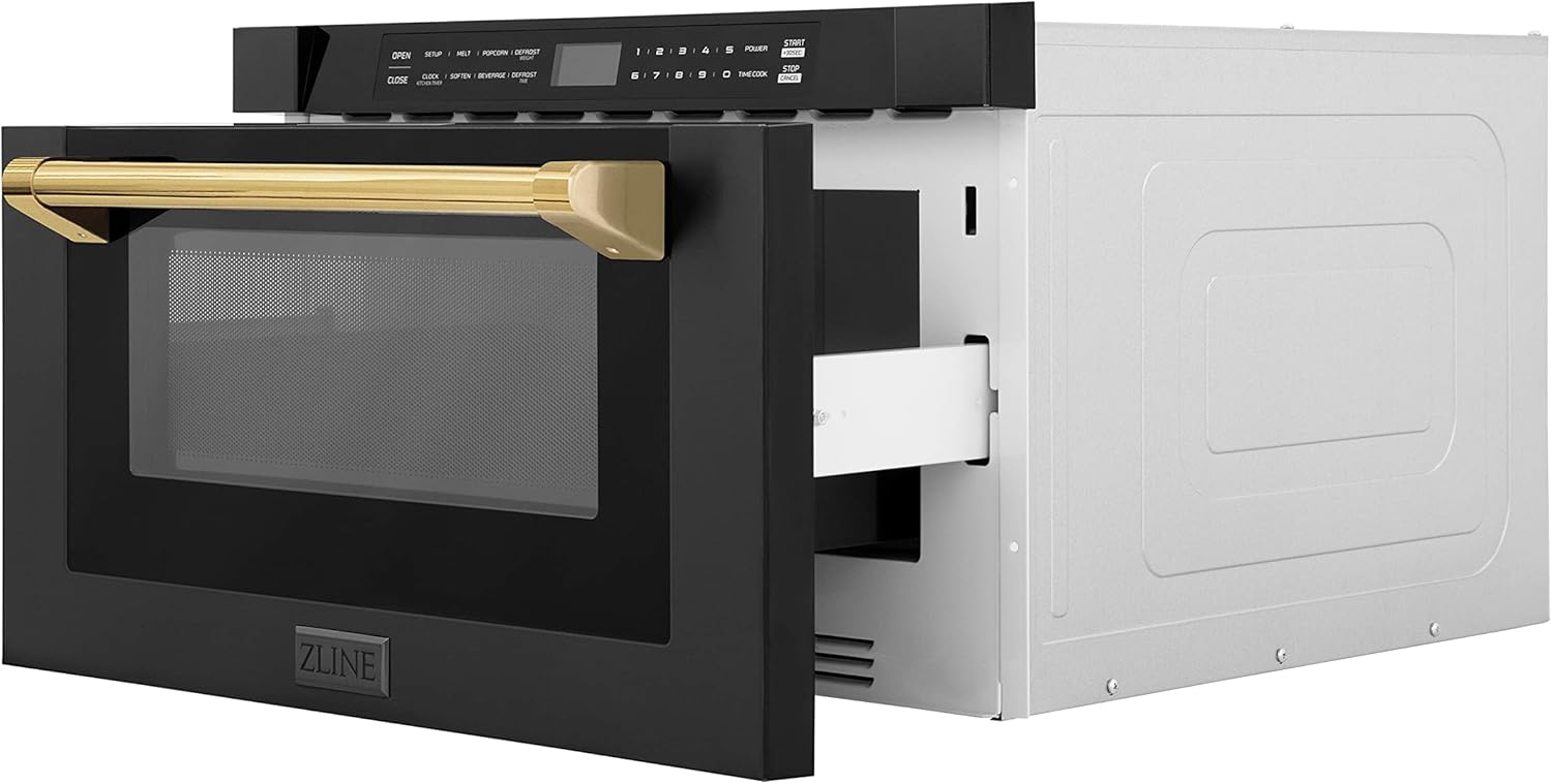 ZLINE Autograph Edition 24" 1.2 cu. ft. Built-in Microwave Drawer in Black Stainless Steel and Polished Gold Accents