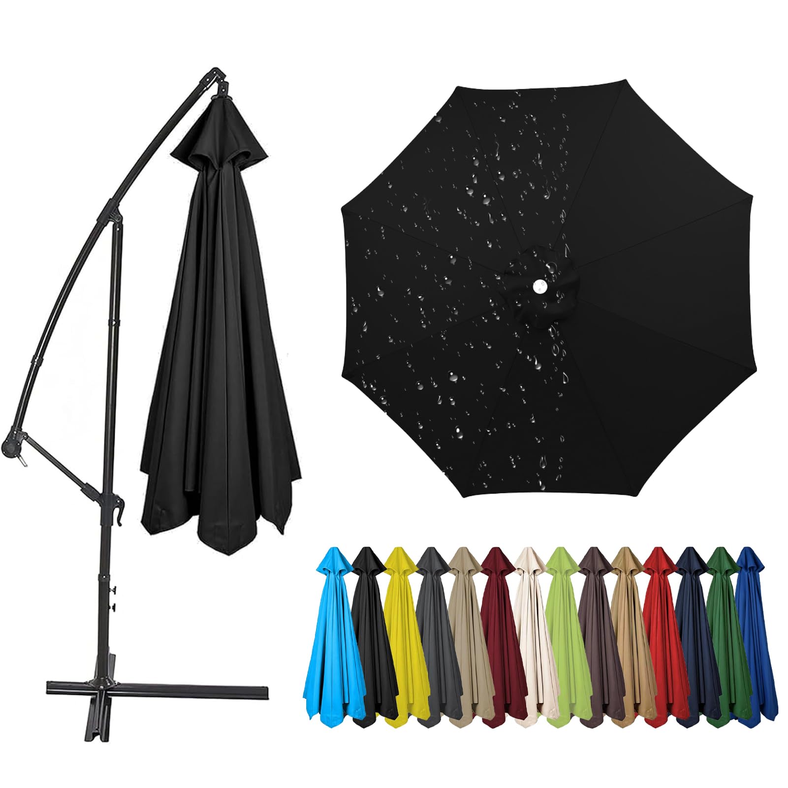 2.0m to 4.0m Replacement Parasol Canopy, 6/8 Ribs Garden Umbrella Replacement Parasol Fabric, UV 50+ Protection For Garden Yard Beach Umbrella (Black,2.7m / 6 Ribs)