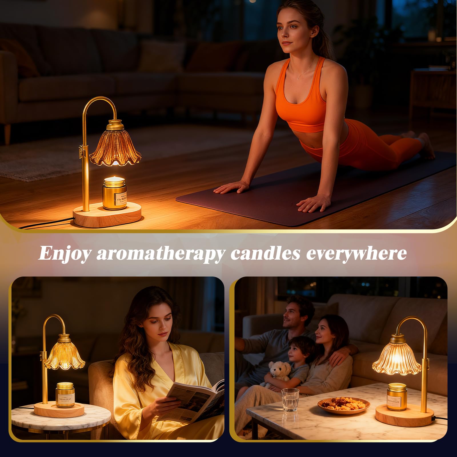 Lampada scalda candela con altezza regolabile, senza fiamma, dimmerabile a 4 livelli, con paralume in vetro colorato e base in legno, funzione timer e design elegante in diversi colori (marrone)