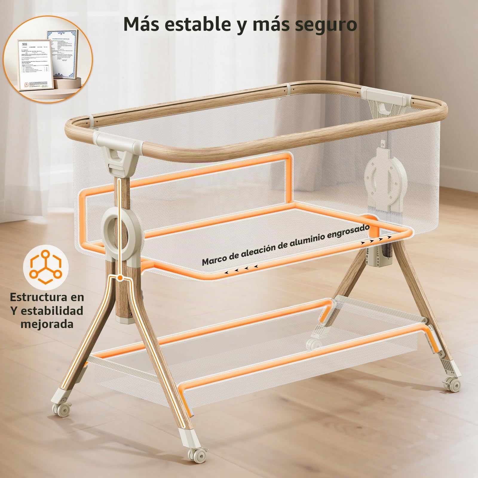 Larex Cuna Colecho para Bebé bassinet para recién nacido y bebé con mosquitera, bolsa y cesta de almacenamiento, 5 alturas ajustables,4 Ruedas con Freno, colchón transpirable y paredes de malla(Caqui)