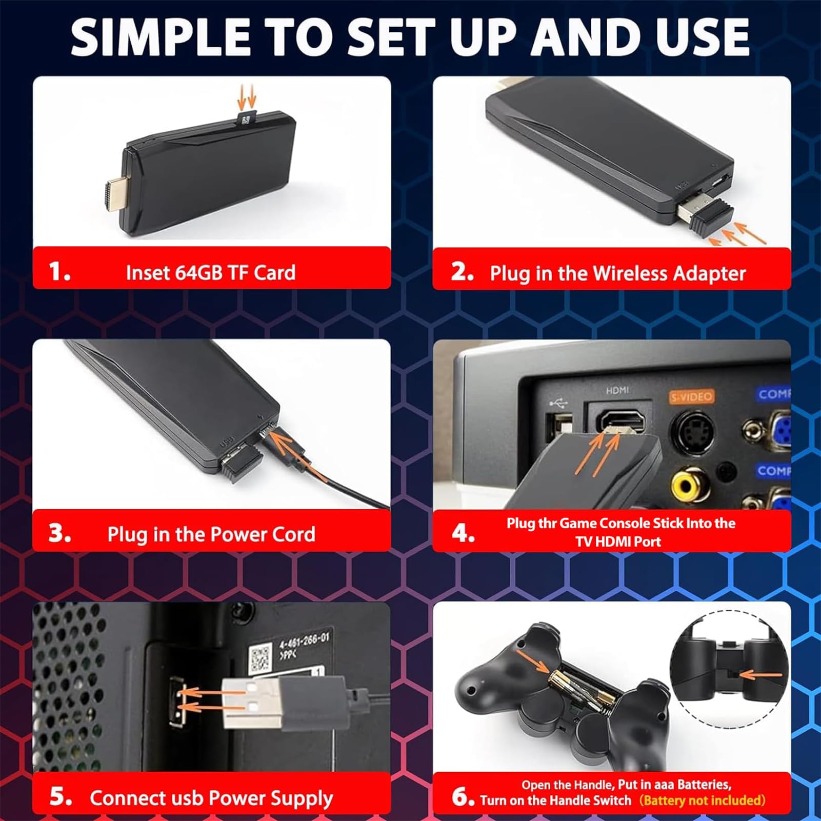 Whatsko Retro Konsole Spielkonsole Game Stick 4K, Retrolink 20000+ Spiele mit 2 Wireless Controllers Gamepad-64G, Plug and Play Video Game Console für TV HDMI, Geschenke für Kinder Erwachsene