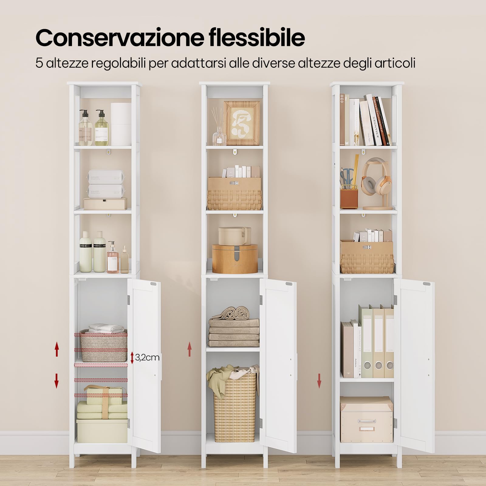 EUGAD Mobile Alto da Bagno, Mobiletto da Bagno, con 3 Scomparti Aperti, 30x30x163 cm, Portaoggetti, Mobiletto Salvaspazio Stretto, per Bagno, Soggiorno, Studio e Ufficio, Bianco 002WDG
