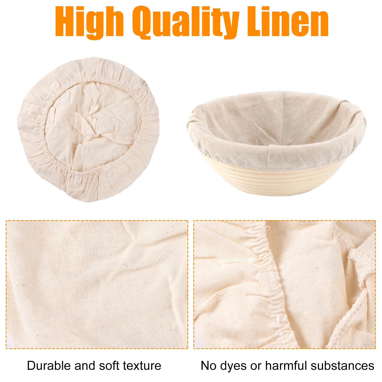 4 + 2 Pezzi 25 Cm Cestino Lievitazione Pane & 28 Cm Coperchio per Lievitazione del Pane, Inserto in Lino per Cestini di Lievitaziones per Di Cucina, Cottura in Casa