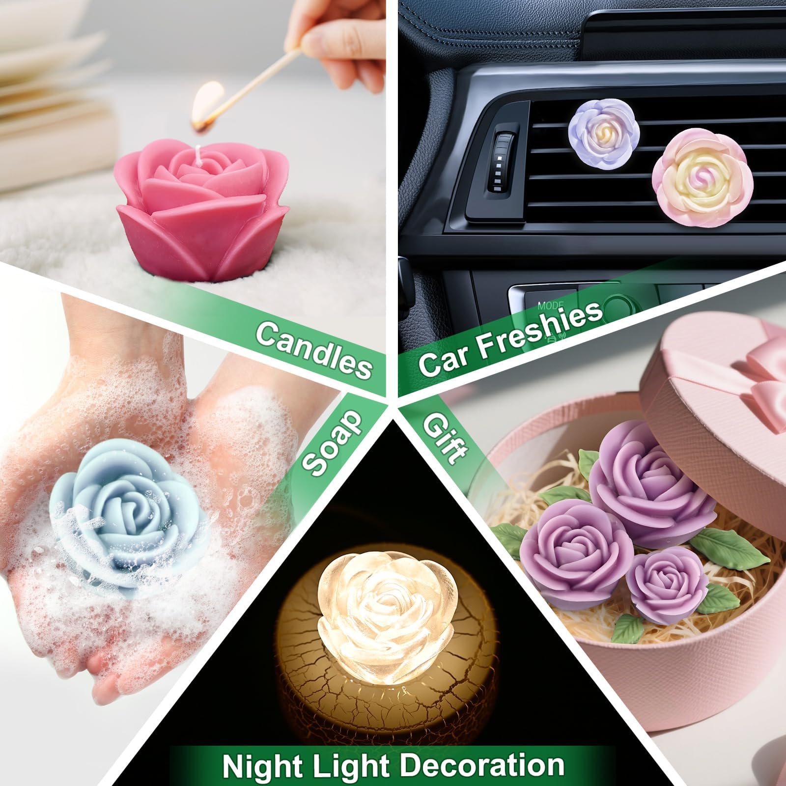 Set Stampi in Silicone per Candele Rosa 3D, 4 Pezzi con in Silicone Fiori Grandi, Medi e Piccoli + Stampo Foglie, Stampi per Candele, Resina, Cera, Stampo Fiori e