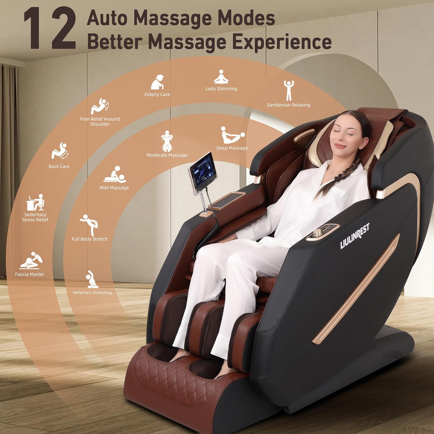 Diagram showing 12 auto massage modes categorized by Population Match, Classic Massage Program, Pain Relief, and Signature Massage