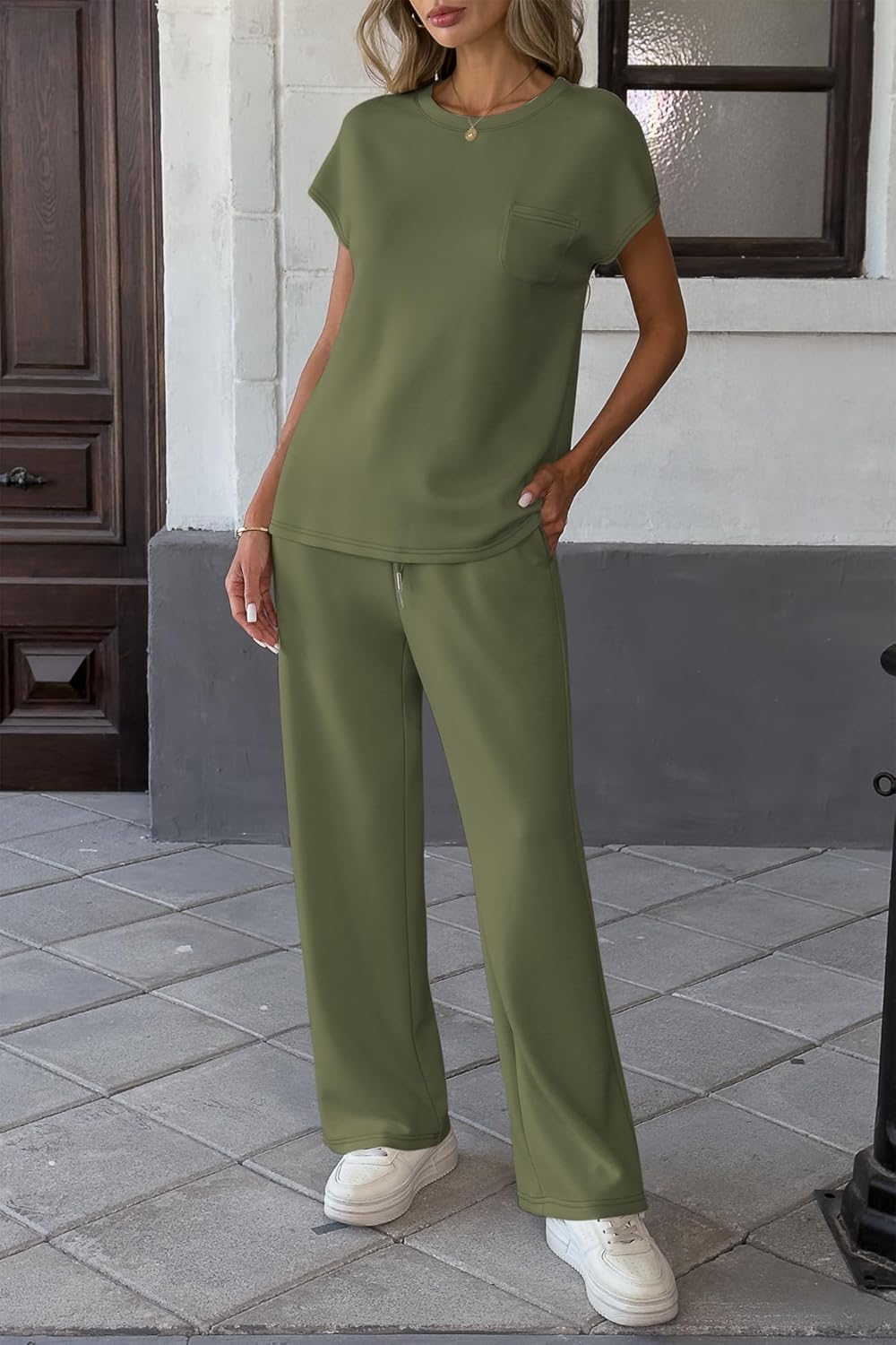 ATHMILE Two Piece Sets for Women Casual Summer Travel Outfits Cap Sleeve Vacation Cap Sleeve Wide Leg Pants Lounge Set - Image 4