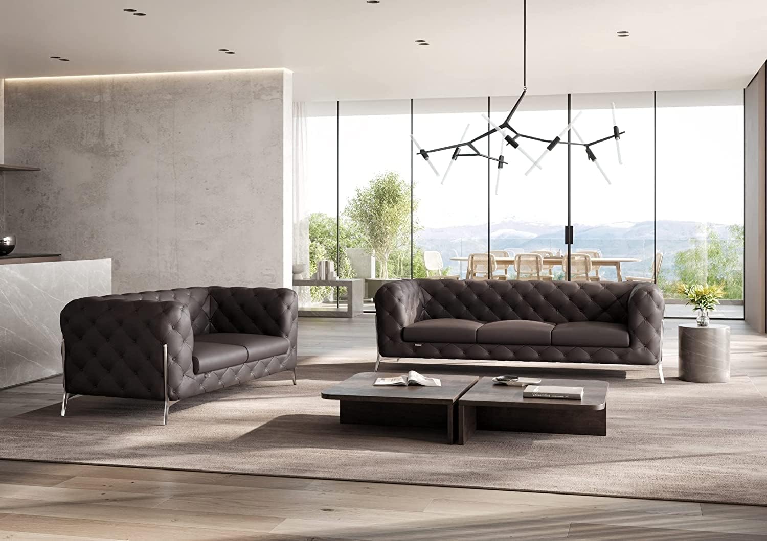 Blackjack Furniture Modena Top Grain Italian Leather Modern Living Room Sofa and Loveseat Set, Elegant Tufted Design & Steel Plated Legs, Genuine Leather Couch Set, 2 Piece, Brown