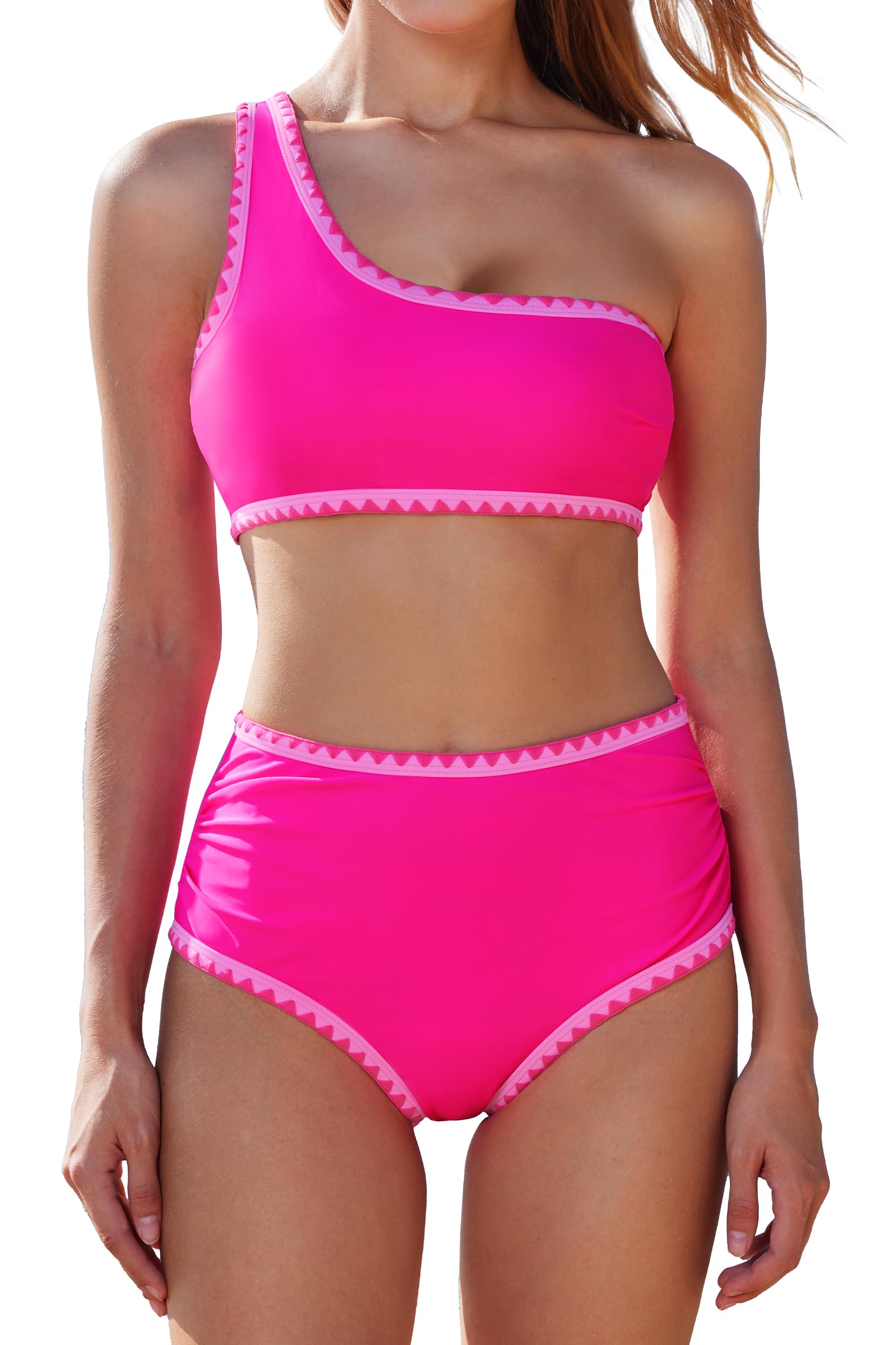 MOOSLOVER Women Whip Stitch Bikini Sets One Shoulder High Waisted 2 Piece Swimsuit Summer Beach Swim Bathing Suits