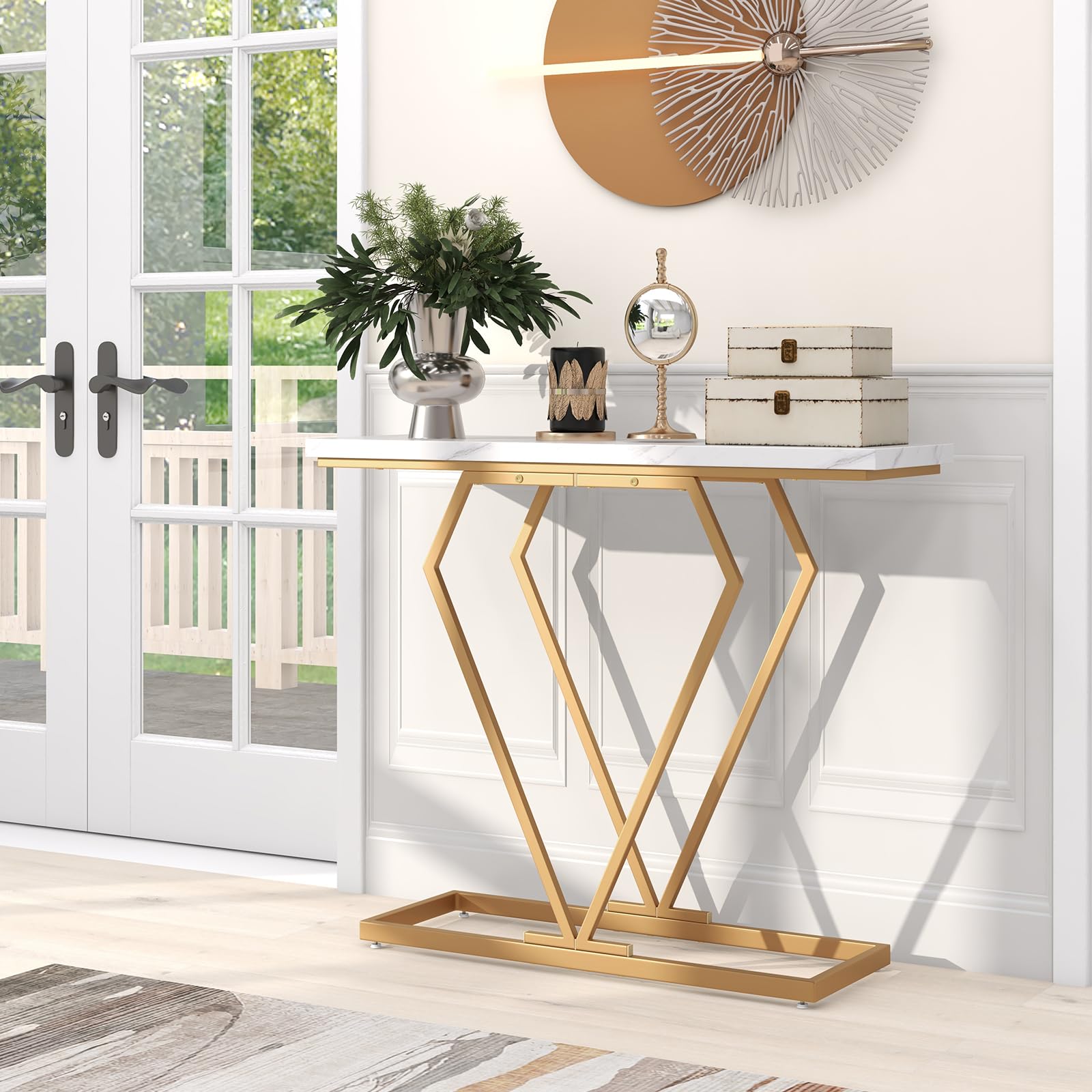 COSTWAY Stolik konsolowy, stół wejściowy wąski, stół do przedpokoju z marmurowym wyglądem i geometryczną metalową ramą, 100 cm stolik pomocniczy do salonu, korytarza, wejścia