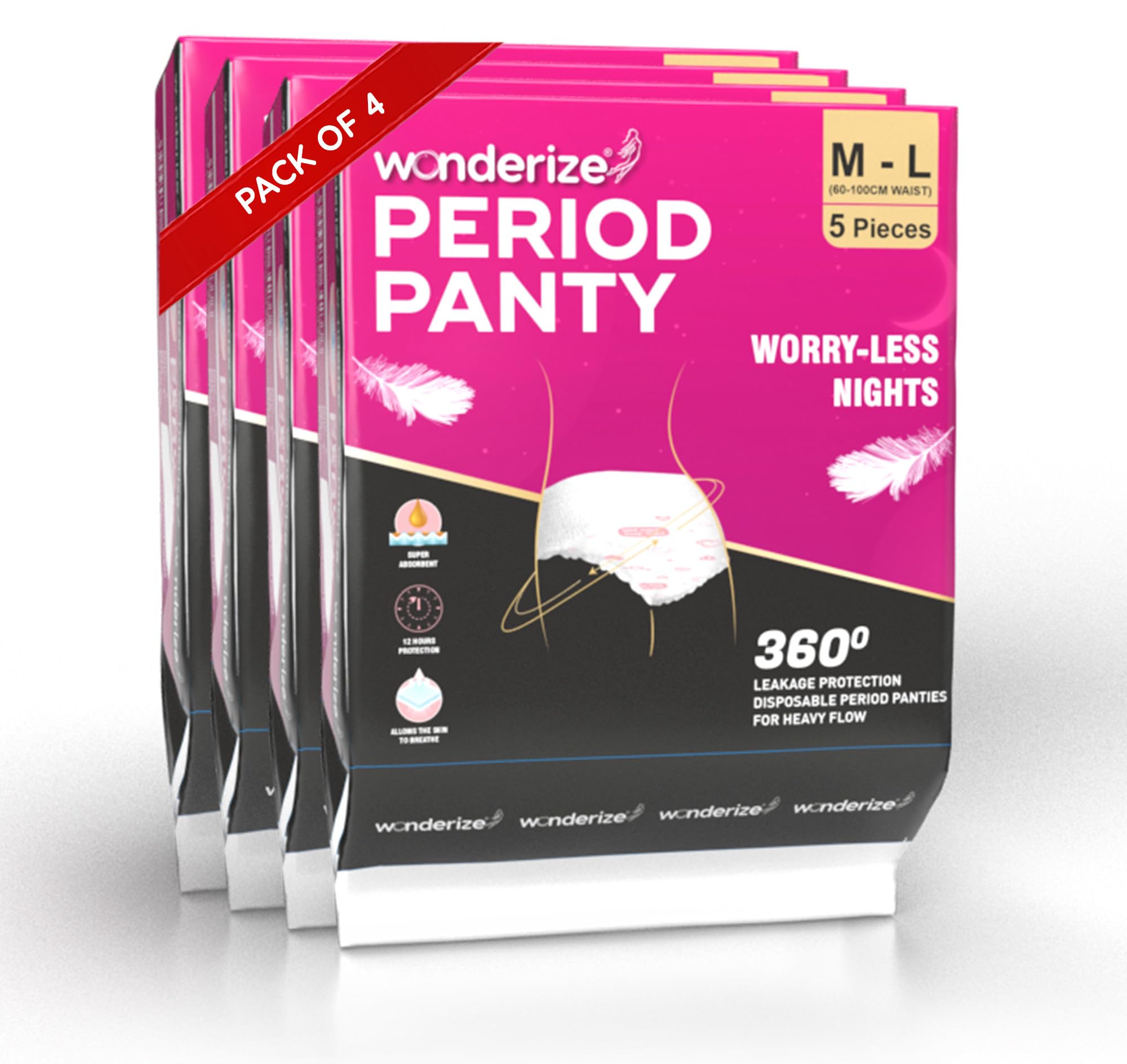 Wonderize Super Absorbent Period Panty, 360 Degree Leakage Protection for Heavy Flow, Panty like Fit for Full back Coverage, Absorbs Heavy Gushes Pack of 4, (20 Panties) (B0D2HBKXBY) Amazon Price History, Amazon Price Tracker