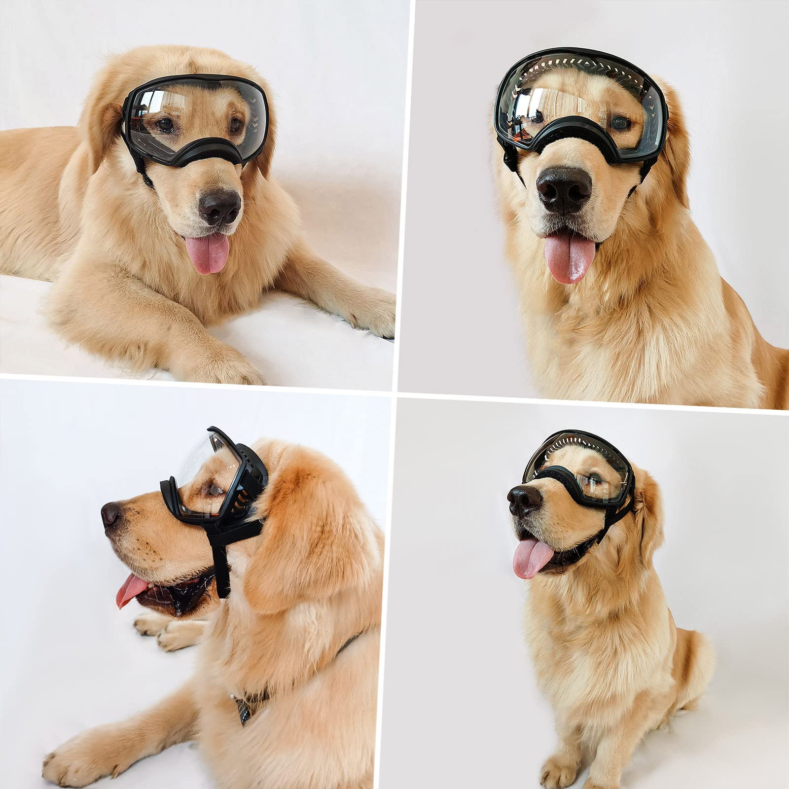 NAMSAN Hundebrille mit Weit Sichtfeld, UV-Schutz Große Hunde Sonnenbrille, Augen Schützen Klare Hund Schutzbrille mit Verstellbare Band und Schwammnasenpads