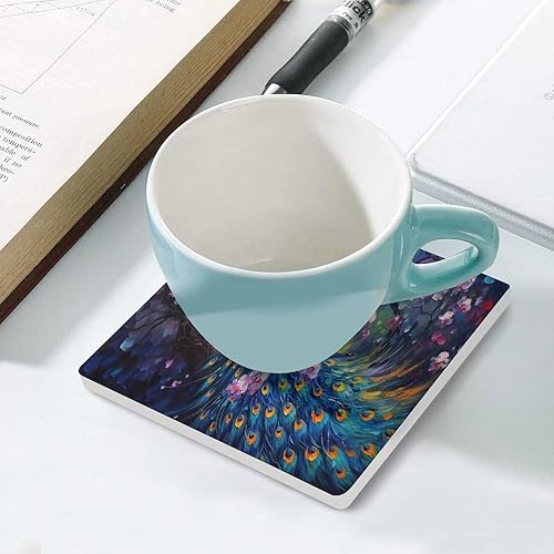 Miniatura 5 de Square-4 posavasos de cerámica de pavo real, posavasos cuadrados absorbentes para bebidas, estilo vintage de acuarela floral, hermosos posavasos de