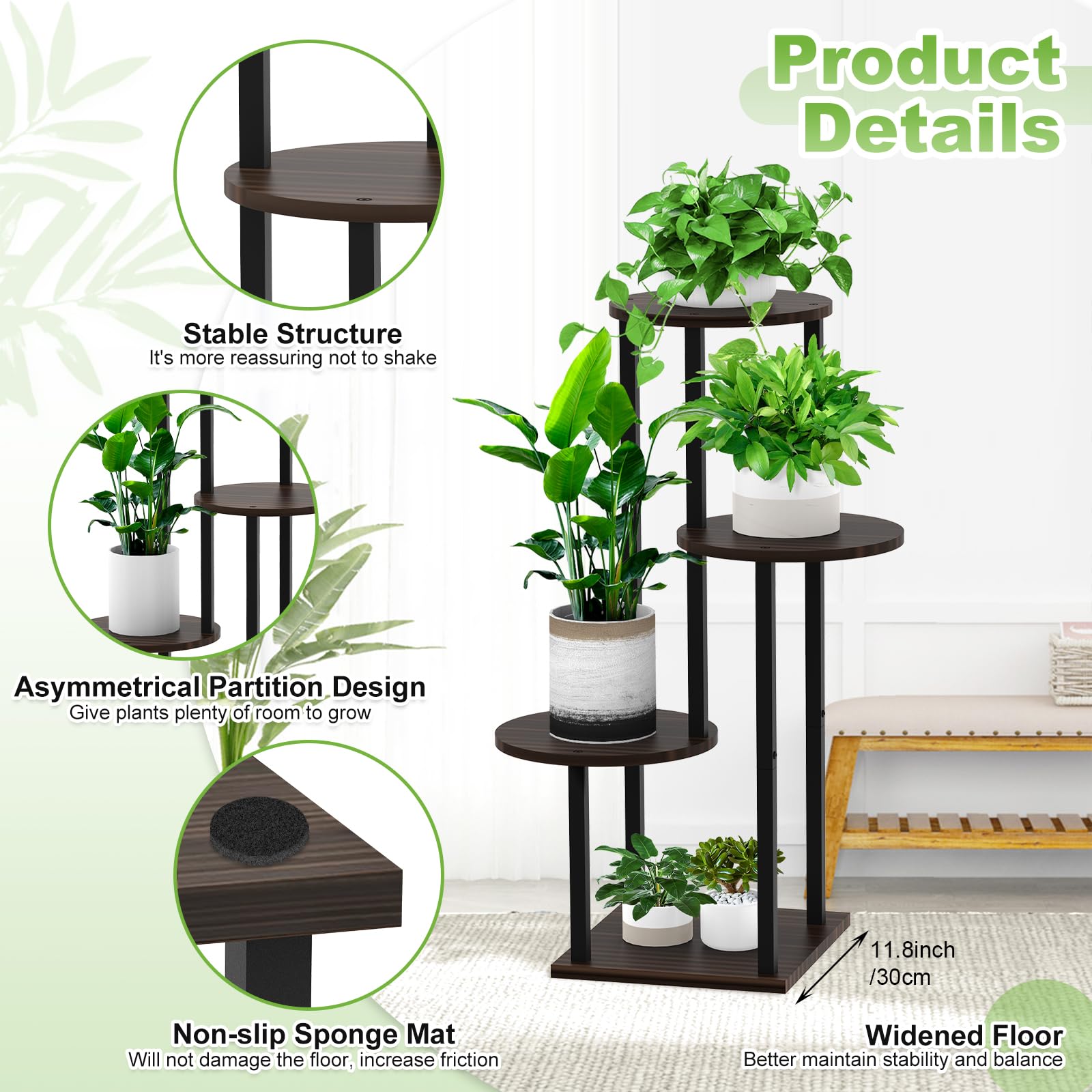 Étagère à fleurs en bois pour 4 animaux - Étagère en métal - Support de fleurs à plusieurs étages - Banc de fleurs - Escalier pour plantes - Étagère sur pied pour l'intérieur et l'extérieur -