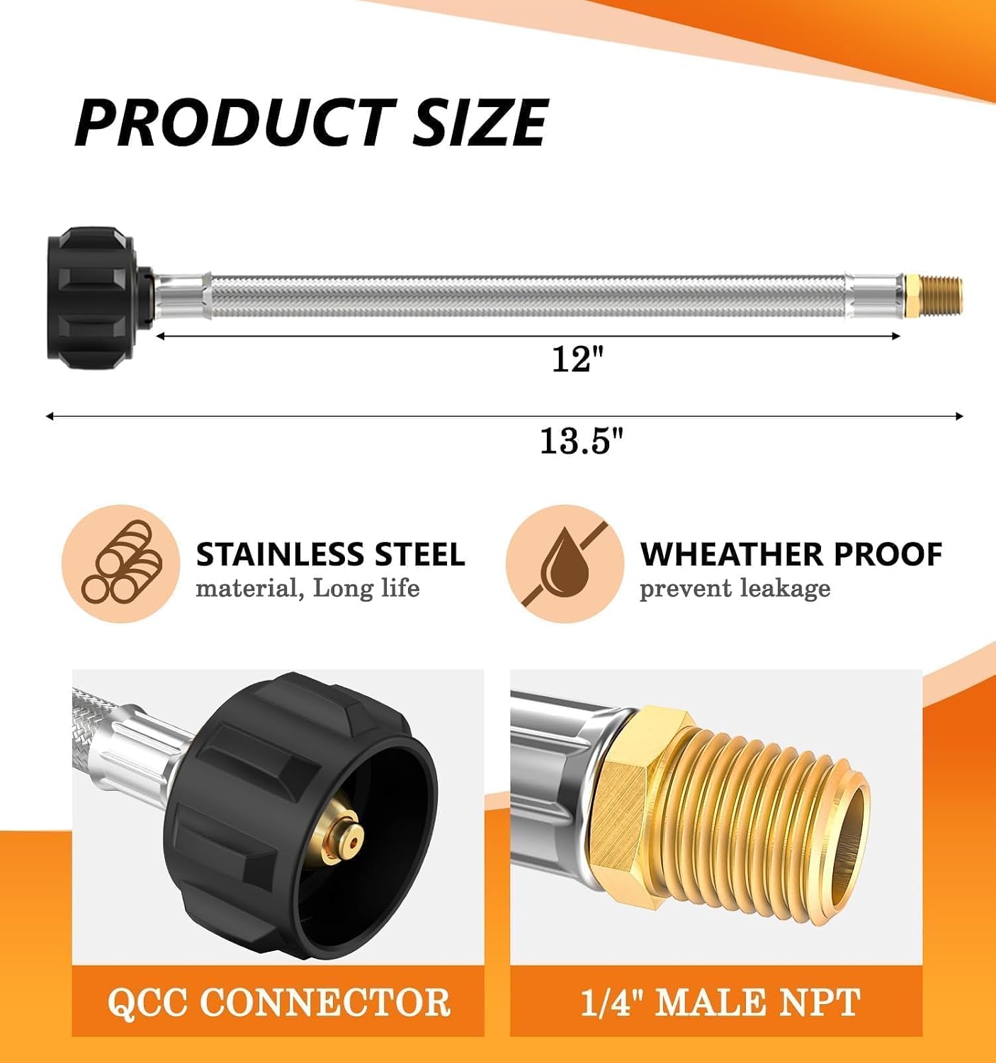NUPICK 12 in RV Propane Hoses, Propane Pigtail Hose with 1/4" Male NPT & QCC 1 Inlet, Stainless Steel Braided Camper Tank Hose for Camper Standard Dual Stage Regulator