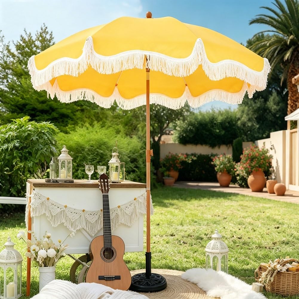 Żółty Parasol Plażowy 200 cm z Kotwicą do Piasku, Parasol Ogrodowy z Frędzlami, Przycisk Nachylenia i Słupkiem o Regulowanej Wysokości