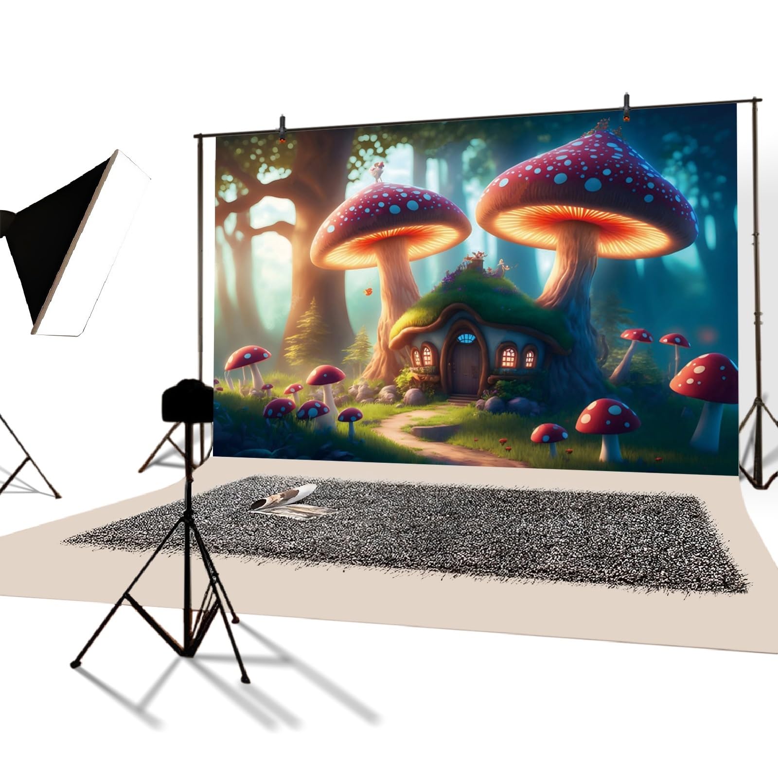 YongFoto 3x2,5m Foresta delle fiabe Sfondo Casa Incantata Bosco Fungo Prato Alberi Sunlight Paese delle meraviglie Sfondo di fotografia per i bambini Compleanno Baby Shower Puntelli per fotografico