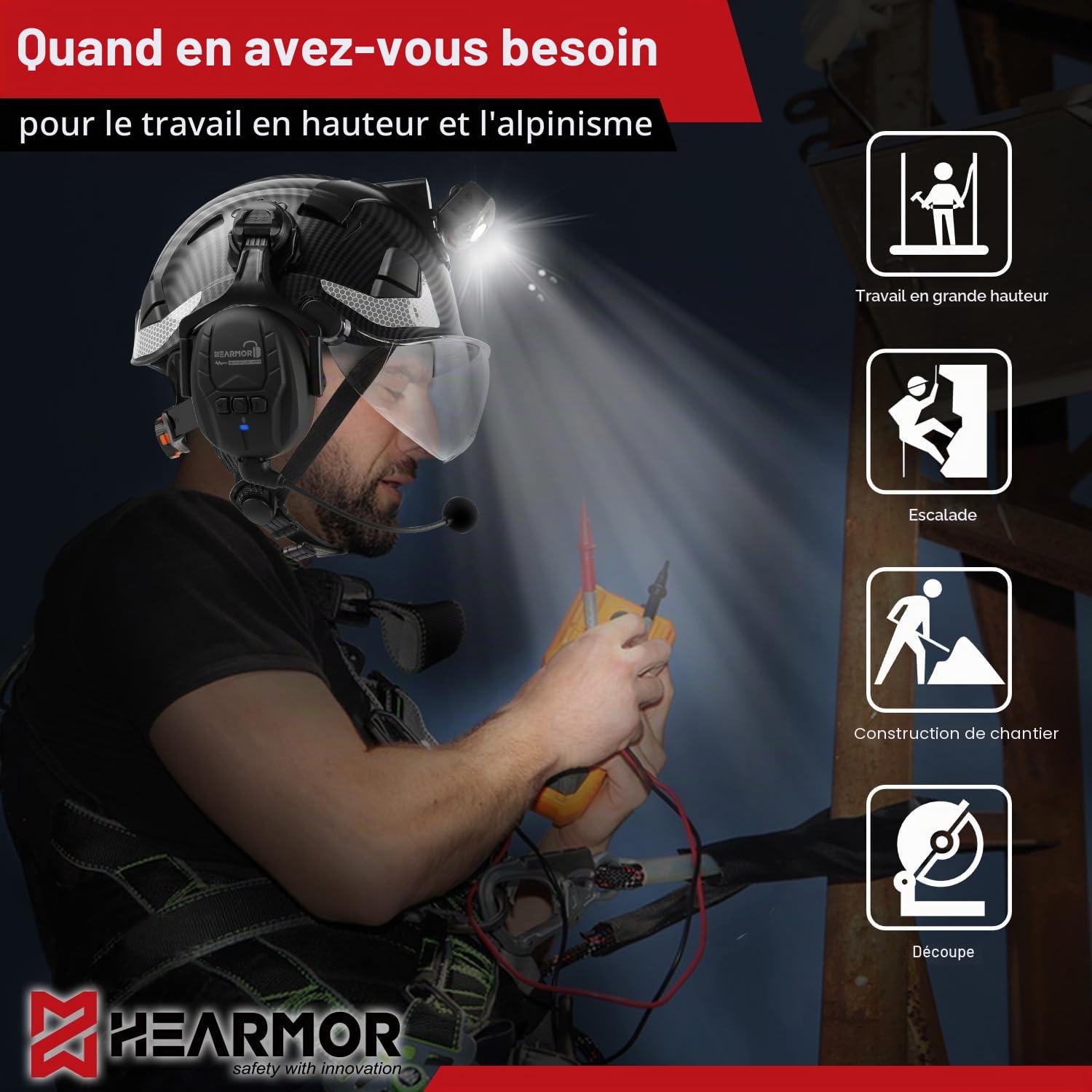 HEARMOR Höhenarbeiten Casque industriel pour adulte avec protection auditive active ABS Casque de protection certifié EN12492 Conforme EN397 Absorption des chocs et résistance à la pénétration Test