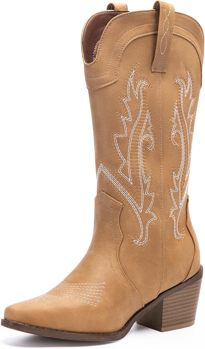 Amazon.com | Solestique Women's Cowboy Boots Pointed Toe Western Boots Embroidered Mid-Calf Chunky Block Heel Cowgirl Boots | Mid-Calf