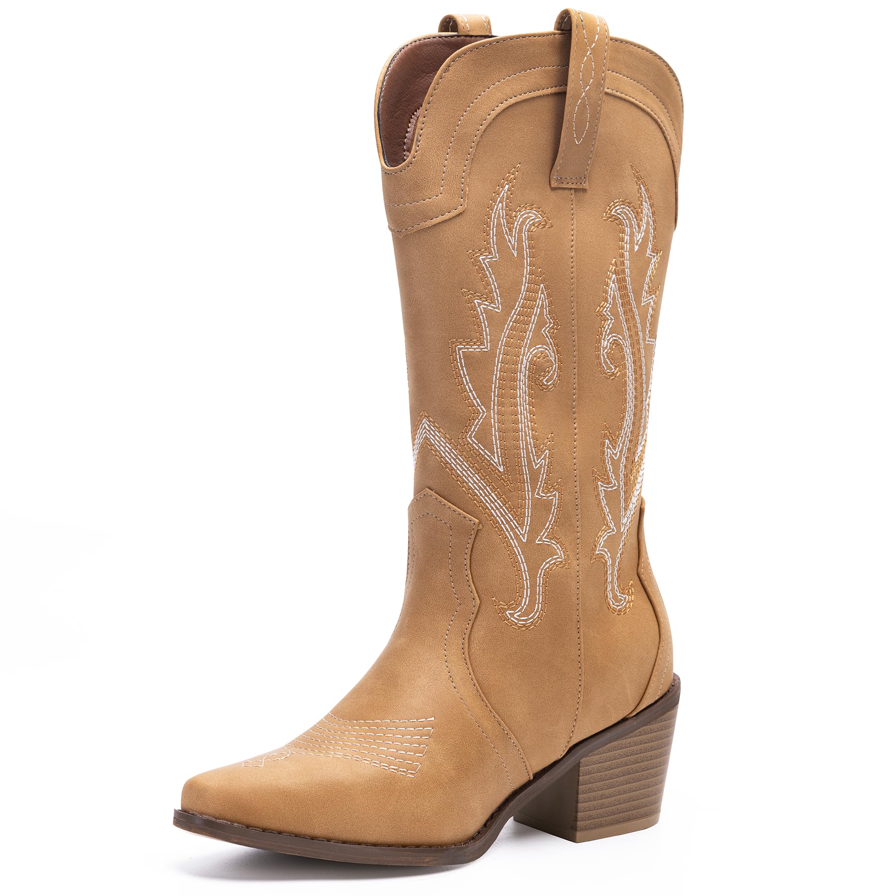 Solestique Women's Cowboy Boots Pointed Toe Western Boots Embroidered Mid-Calf Chunky Block Heel Cowgirl Boots