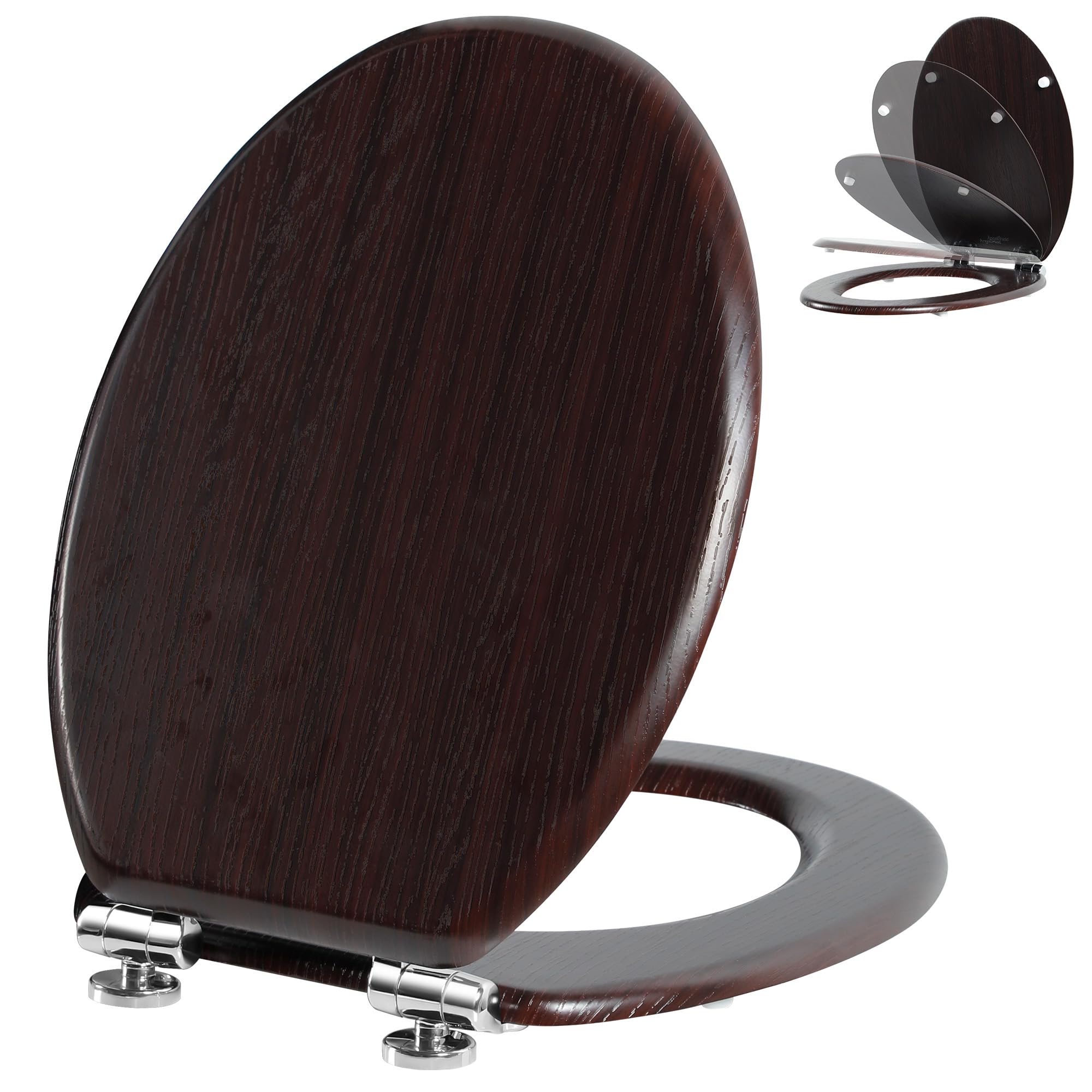 Angel Shield Toilet Seat Molded Wood Toilet Seat, Quiet Close with Quick Release Adjustable Hinges 45x37cm Oval, Fits EU Bottom-Mount Toilets (Dark Brown)