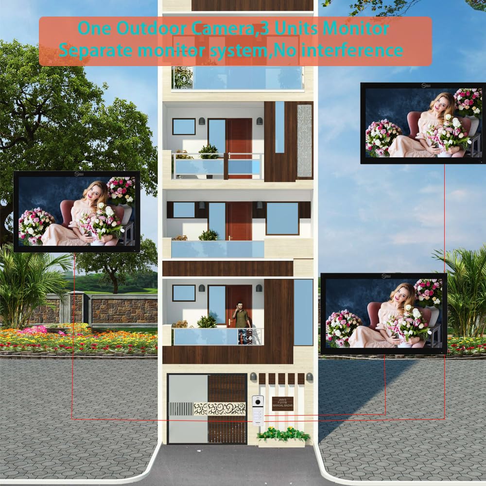 Wired Apartment Video Doorbell 3 Units 10 Inch Touch Monitor Video Doorbell System,Tuya WiFi Video Door Phone Kit,Monitoring,IC Card Unlocking,Motion Detect for Home (Black doorbell+black monitor)