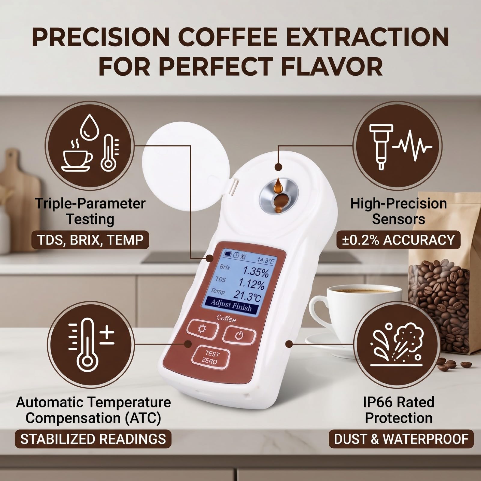 Annadue Refractómetro Digital TDS con Medidor ATC de Brix de café 0-22% ±0,2% Recargable para Extracción de café, Prueba de Triple Parámetro con Compensación Automática de Temperatura, Prisma Sellado
