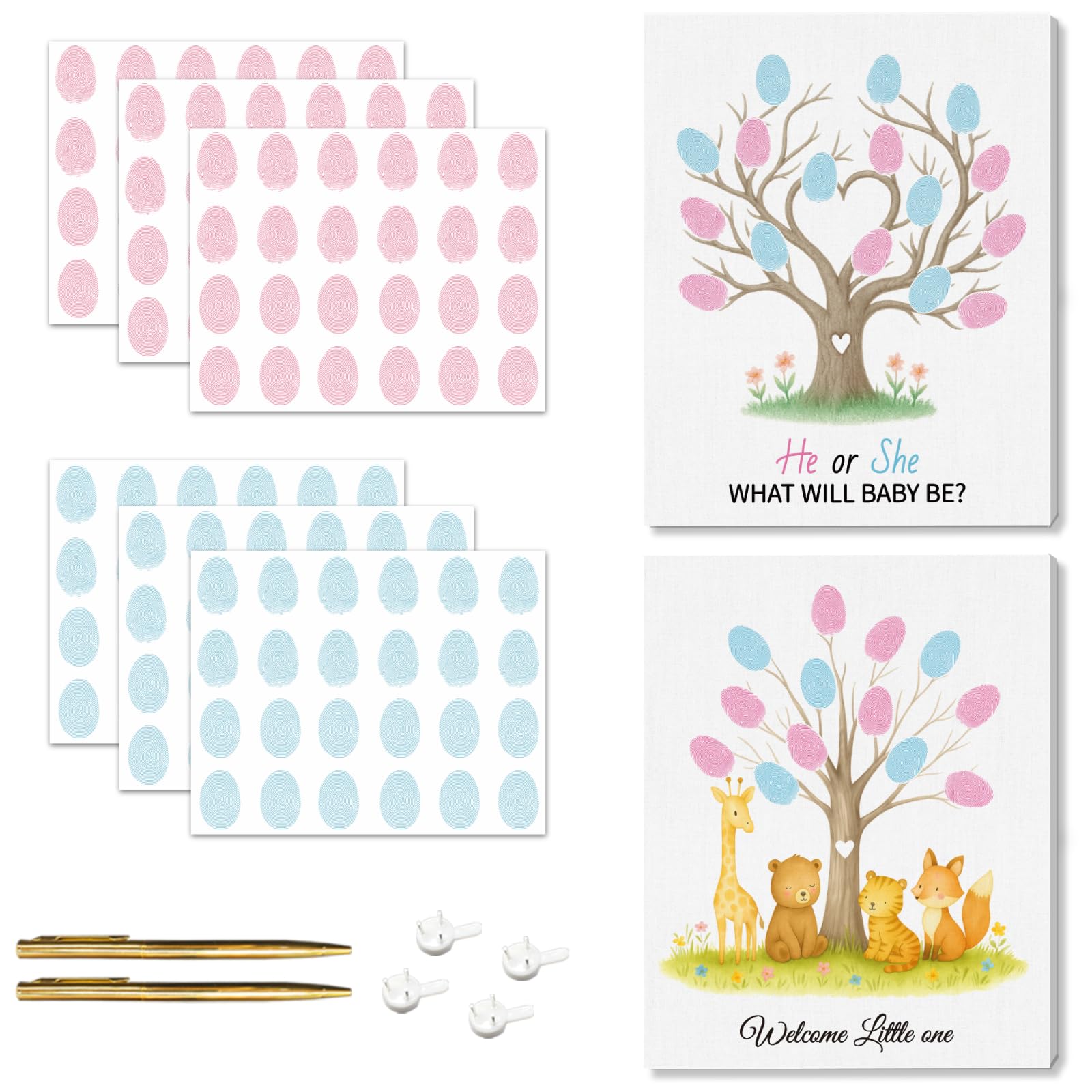 2 piezas de árbol de huellas dactilares para revelación de género, libro de invitados para baby shower, ideas para fiestas, libro de invitados de huellas dactilares con 2 bolígrafos y 6