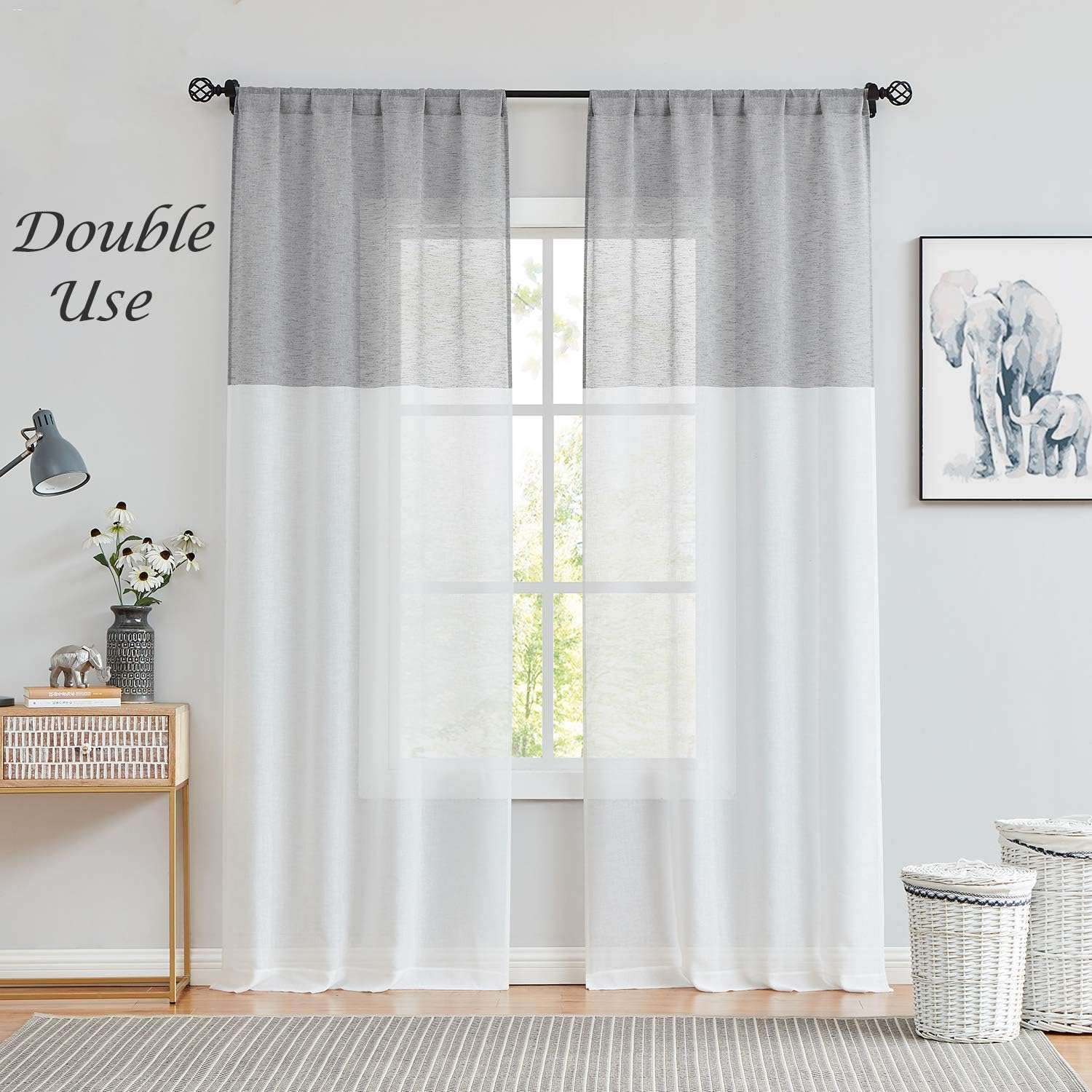 Central Park Gray and White Stripe Sheer Color Block Window Curtain Panel Linen Drape Treatment for Bedroom Living Room Farmhouse 108 inches Long with Rod Pocket,2 Panel Rustic Living Panels, Grey Grey 40"x108"x2