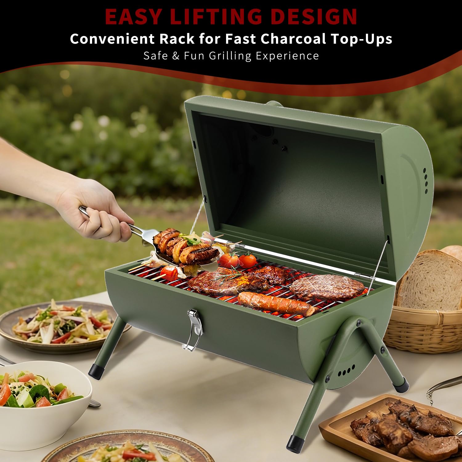 DNKMOR GREEN przenośny grill na węgiel drzewny, mały grill do gotowania na świeżym powietrzu, podwórko, kemping, piknik, plaża, zielony