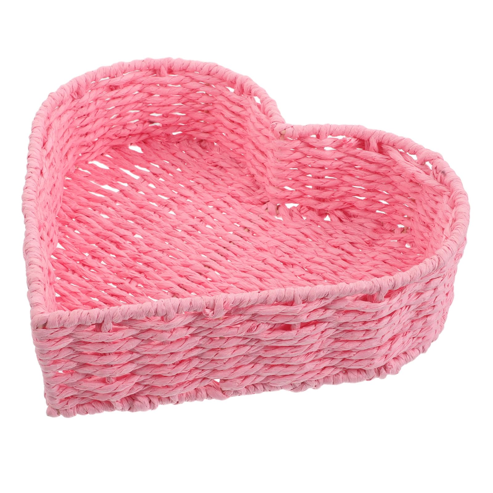 Toyvian Heart Shaped Handwoven Paper Rope Storage Basket Small Multi-purpose Snack Tray for Bread Fruit Vegetables Easy-clean Decorative Container for Kitchen and Living Pink Medium